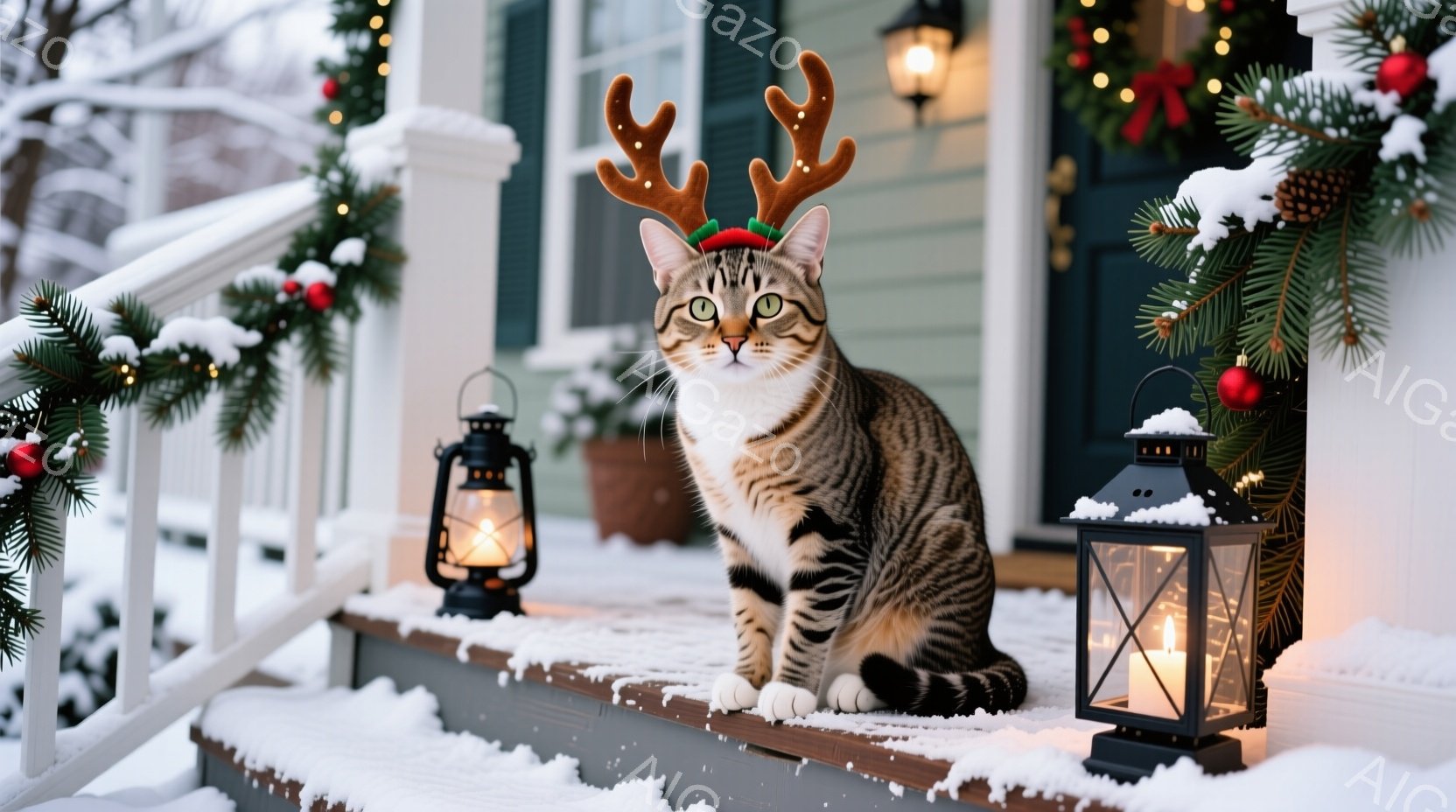 茶色と黒の縞模様の猫が、クリスマスのトナカイの角を付けて、雪の積もった家のポーチの階段に座っています。背景には装飾されたクリスマスツリーと、点灯したランタンがあり、穏やかで温かい冬の雰囲気が漂っていま - AI生成フリー素材