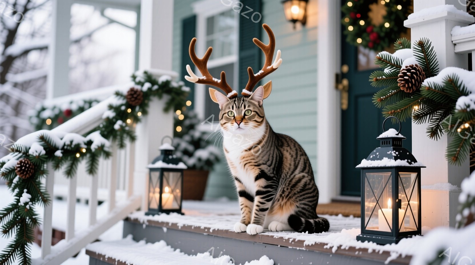 茶色の縞模様の猫が、クリスマスシーズンに飾られた家の階段に座っています。頭にはトナカイの角が生えており、少し困ったような表情をしています。背景には、クリスマスリースや光る装飾、雪に覆われた植物、そして - AI生成フリー素材