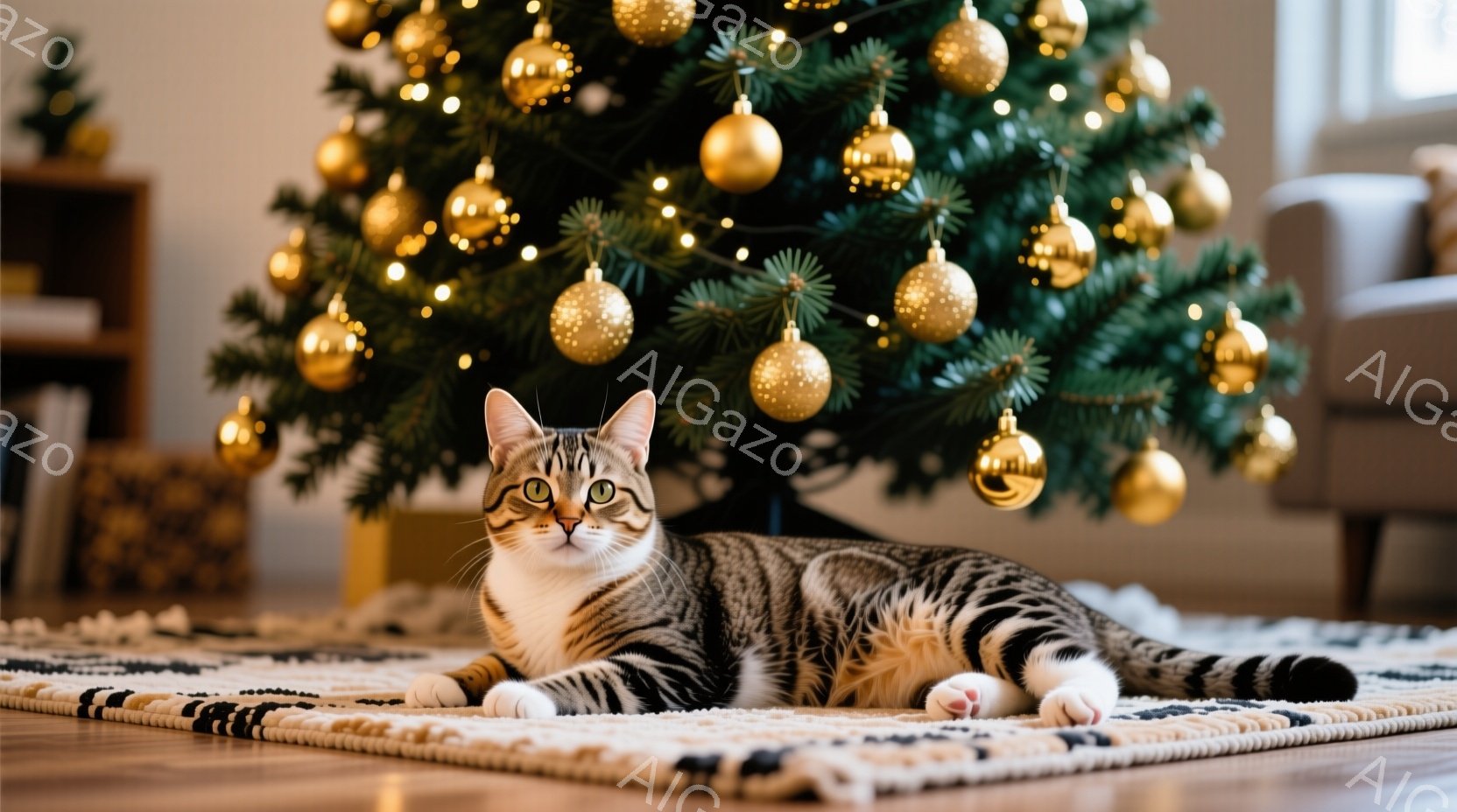 縞模様の猫が、クリスマスの飾り付けられたクリスマスツリーの前に敷かれたラグの上で横たわっています。猫は正面を見ており、リラックスした表情で、少し自信があるような視線を向けています。背景には、箱型のプレ - AI生成フリー素材