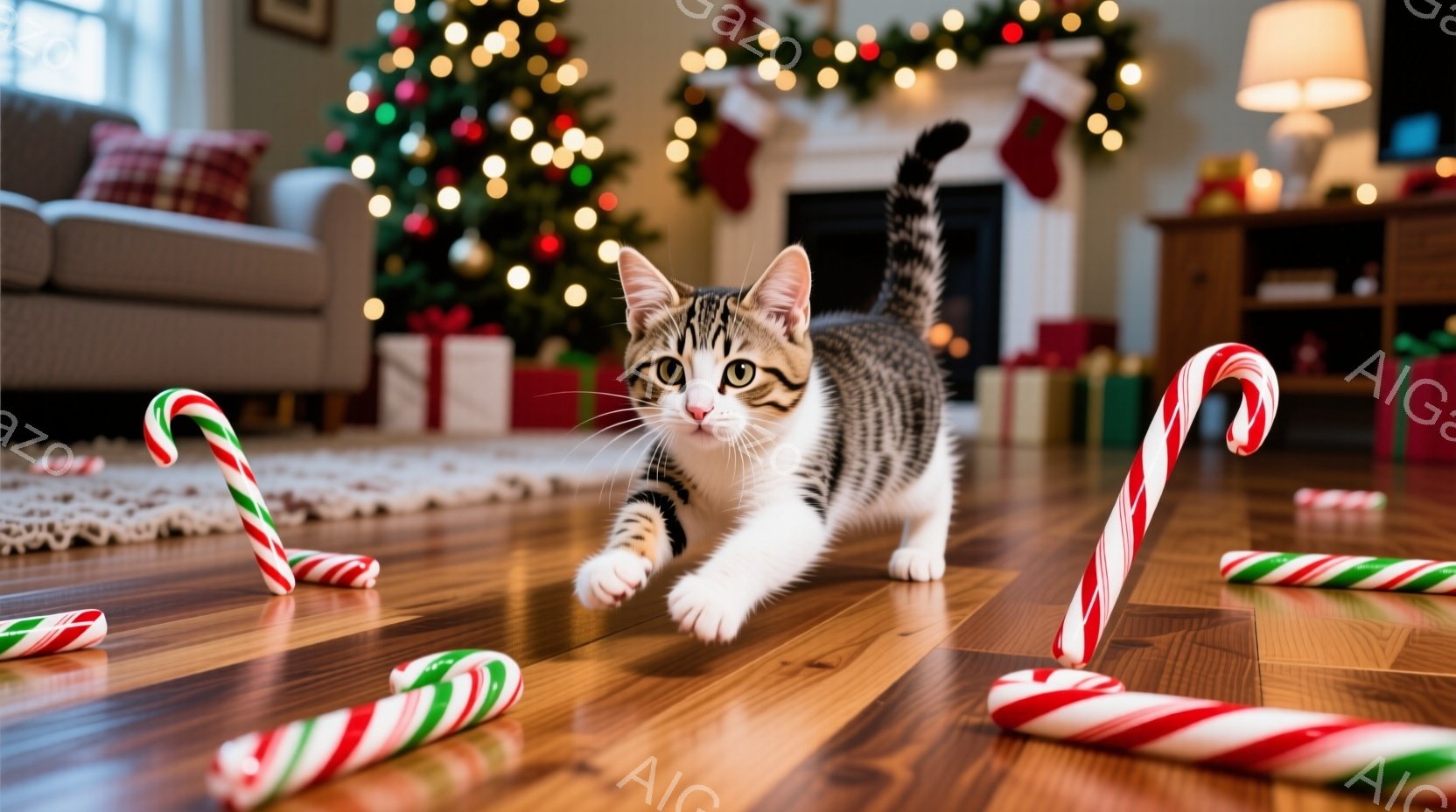 白とグレーの縞模様の猫が、クリスマスツリーの周りに散らばったキャンディケーンの間で前進している。背景には、飾り付けられたクリスマスツリー、プレゼント、暖炉があり、お祝いの雰囲気が漂っている。暖かな光が - AI生成フリー素材