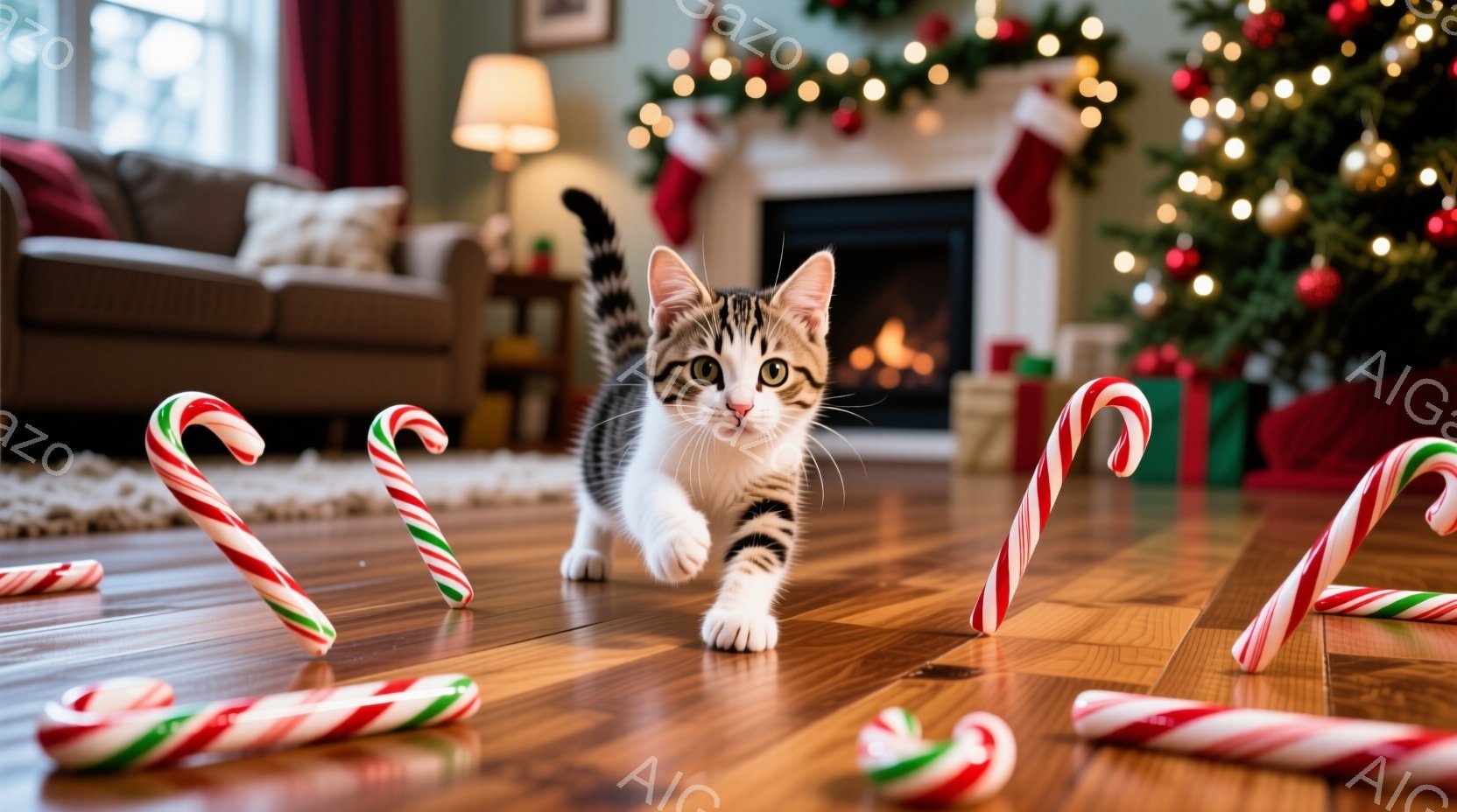 明るいリビングルームの床に、白と茶色の縞模様の小さな猫が、キャンディケーンに囲まれて歩いています。猫は前足を前に出し、興味津々とした表情でカメラを見ています。背景には、クリスマスツリーや暖炉、装飾されたマントルピースが見え、暖かくお祝いムードの空間を演出しています。