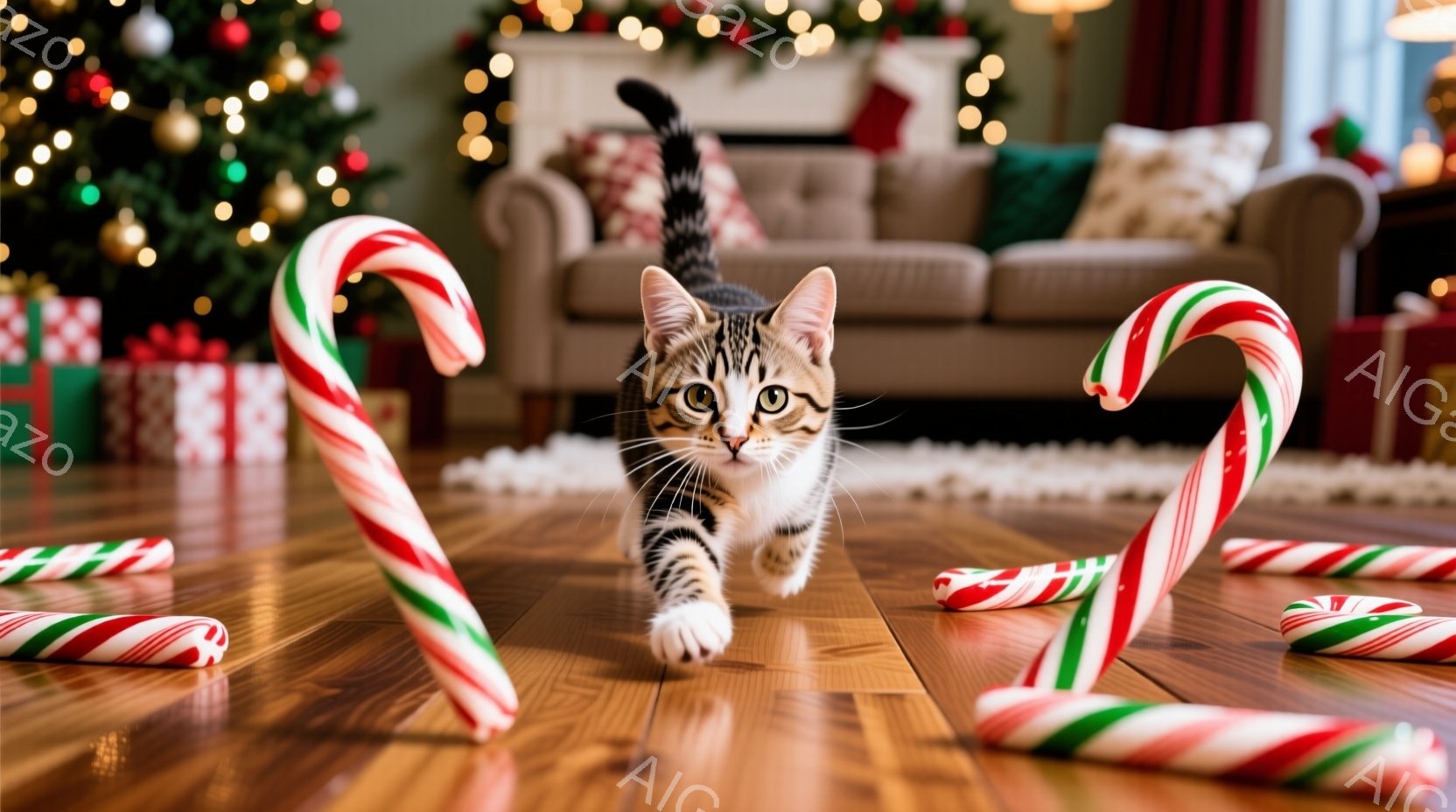 縞模様の猫が、床に散らばるキャンディケーンの間を駆けている様子が写っている。背景には、飾られたクリスマスツリーと、赤いソファー、そして温かい光が広がり、冬の暖かく幸せな雰囲気を醸し出している。木製の床が光を反射し、猫の動きを強調している。