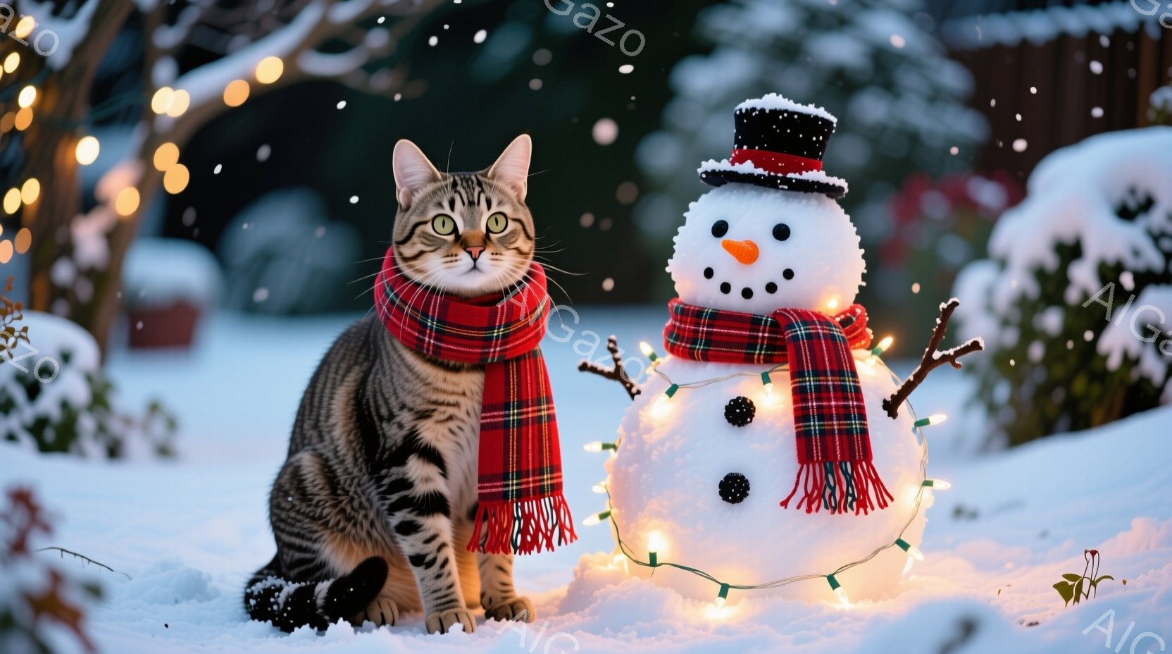 縞模様の猫が赤いチェック柄のマフラーを巻いて雪の上に座っています。隣には、同じマフラーを巻いた雪だるまが立っており、小さな枝が腕の代わりになっています。背景には雪に覆われた植物と、ぼんやりと見える建物、そして点灯したイルミネーションがあり、冬の暖かく穏やかな雰囲気を醸し出しています。