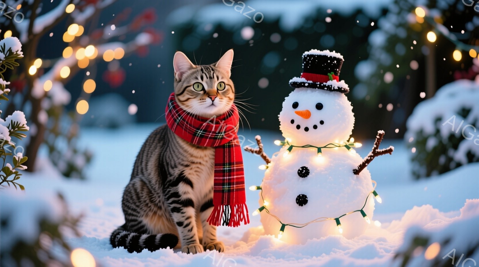 縞模様の猫が雪の上に座り、赤いチェック柄のマフラーを巻いている。猫の表情は穏やかで、少しこちらを見ているようにも見える。背景には雪に覆われた植物と、電飾で飾られた雪だるまがあり、暖かく幻想的な冬の雰囲 - AI生成フリー素材