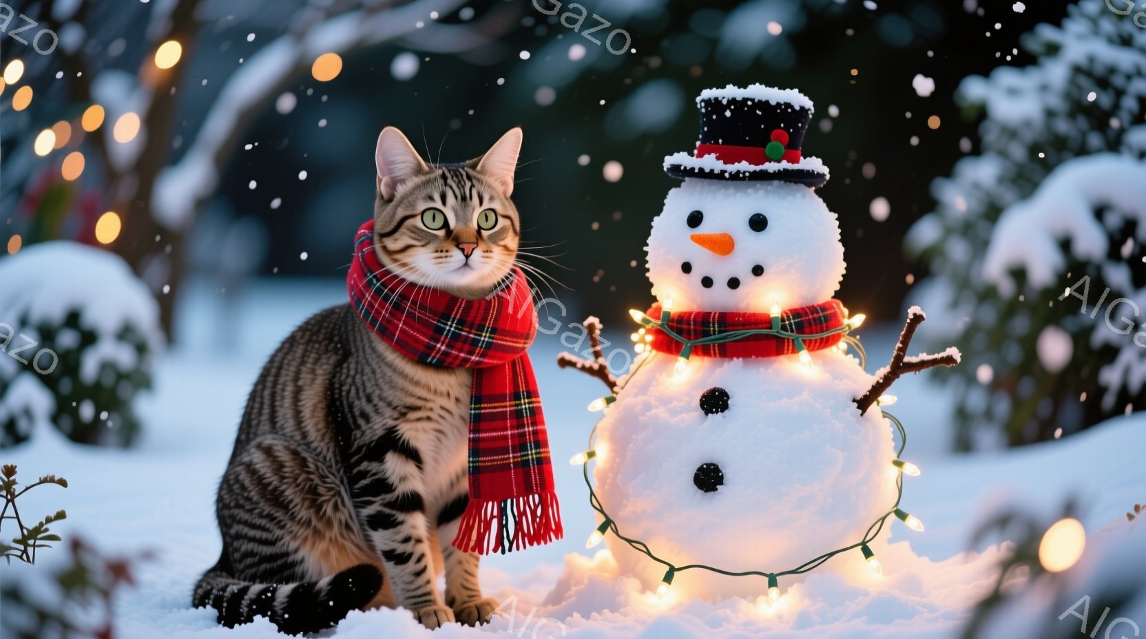 縞模様の猫が赤いチェック柄のマフラーを巻き、雪の上に座っています。その猫の隣には雪だるまがあり、帽子をかぶり、小さな炭のような目で微笑んでいます。背景には雪の降る庭があり、ぼんやりとした光が幻想的な雰囲気を醸し出しています。