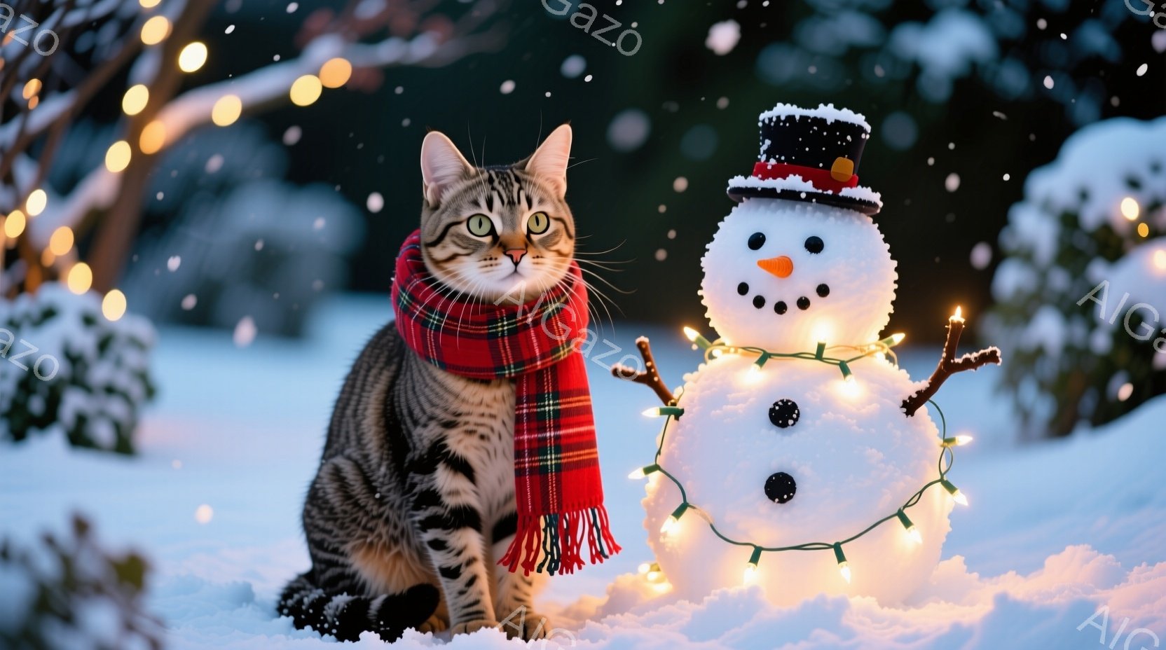 白い雪の上に赤いそりが置かれており、その中に縞模様の子猫が座っています。子猫は前をまっすぐ見ており、リラックスした表情をしています。背景にはクリスマスツリーやプレゼントボックスが見え、冬のホリデーシー - AI生成フリー素材