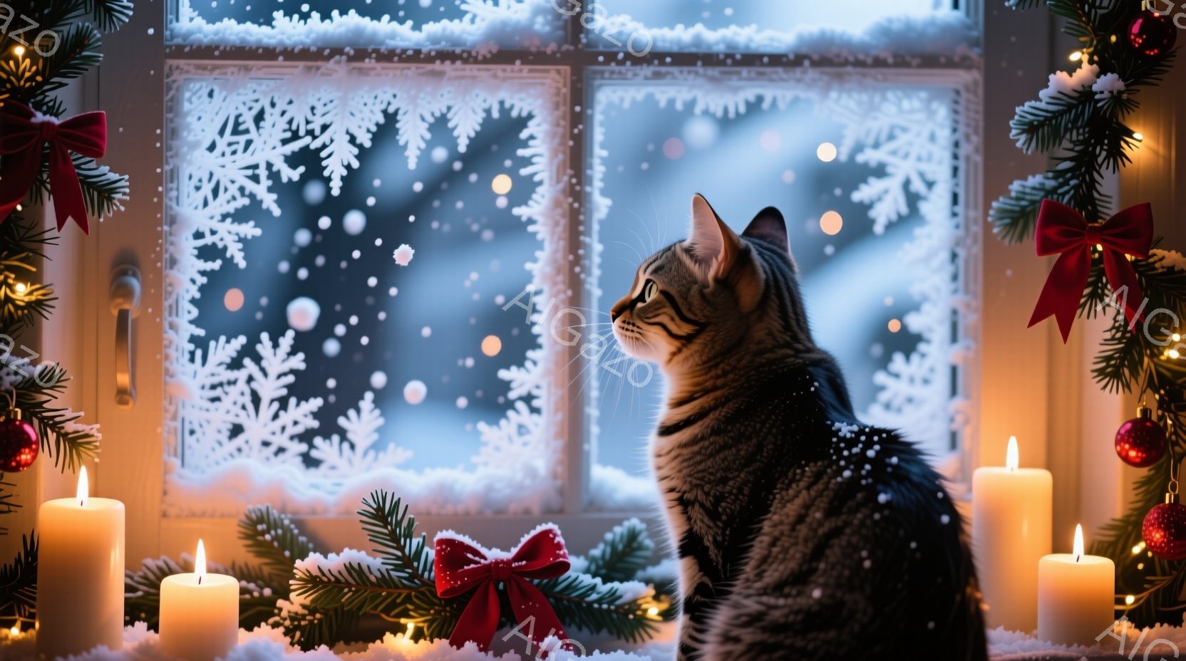 縞模様の猫が窓の外の雪景色を眺めています。背景には、クリスマスツリーの飾りや点灯されたキャンドルが配置され、暖かく穏やかな冬の雰囲気が漂っています。窓には雪の結晶の模様が描かれており、幻想的な雰囲気を高めています。