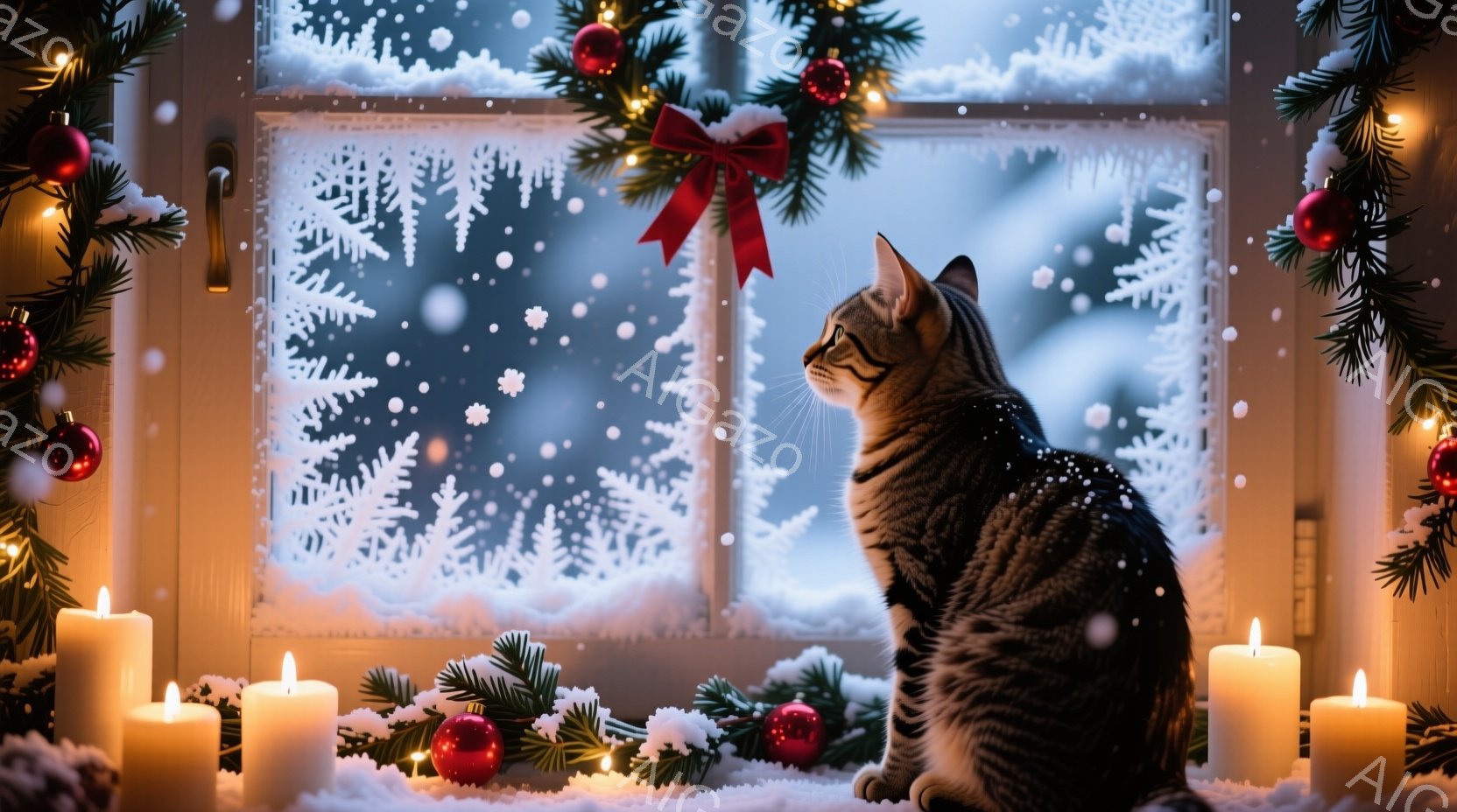 窓辺に座る縞模様の猫が、雪景色を眺めている。窓には雪の結晶模様が描かれ、周りにはクリスマスツリーの枝や赤いオーナメント、点灯したキャンドルが置かれ、暖かく幻想的な雰囲気を醸し出している。雪が降り積もり - AI生成フリー素材