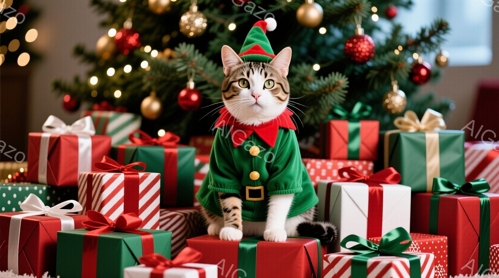 白と黒の猫がクリスマスプレゼントの山の上に座っており、緑色のエルフの衣装を着ています。猫は赤い襟と帽子を身につけ、真剣な表情でカメラを見ています。背景には、装飾されたクリスマスツリーとキラキラ光るライ - AI生成フリー素材