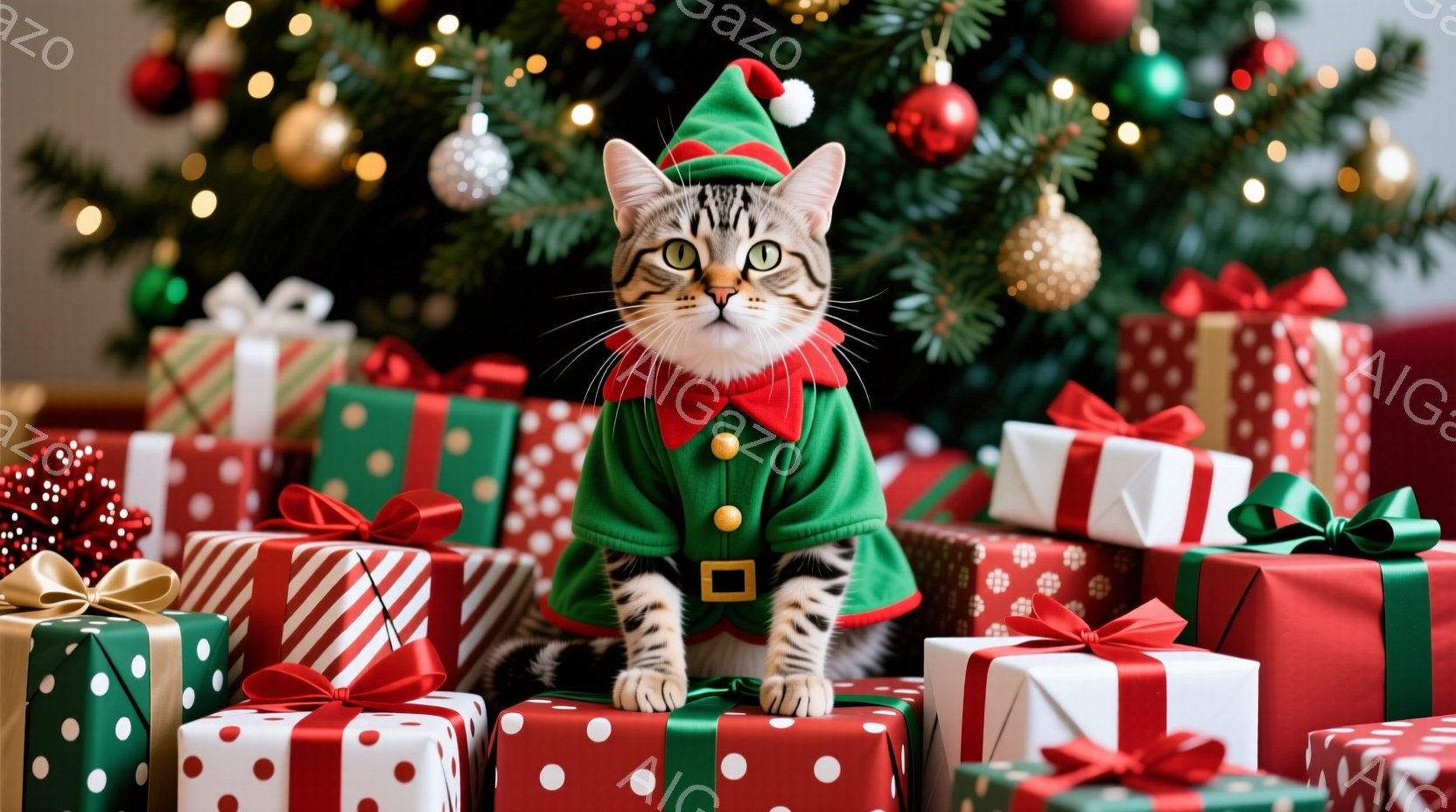 縞模様の猫が緑色のエルフの衣装を着て、プレゼントの山の上に座っています。エルフの帽子には小さなポンポンがついており、猫はまっすぐ前を見て少し驚いたような表情をしています。背景には、オーナメントで飾られ - AI生成フリー素材