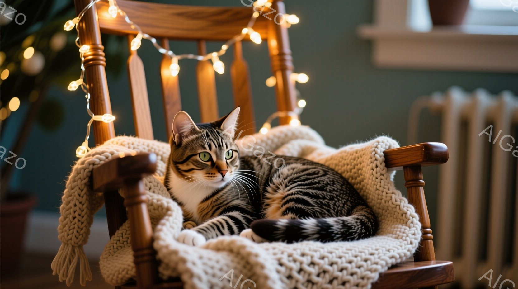 一匹の縞模様の猫が雪の積もったベンチに横たわっています。赤いリボンと金色の鈴が飾られた首輪をつけており、穏やかな表情でカメラを見つめています。背景には、キラキラと輝くイルミネーションと、ぼんやりと見え - AI生成フリー素材
