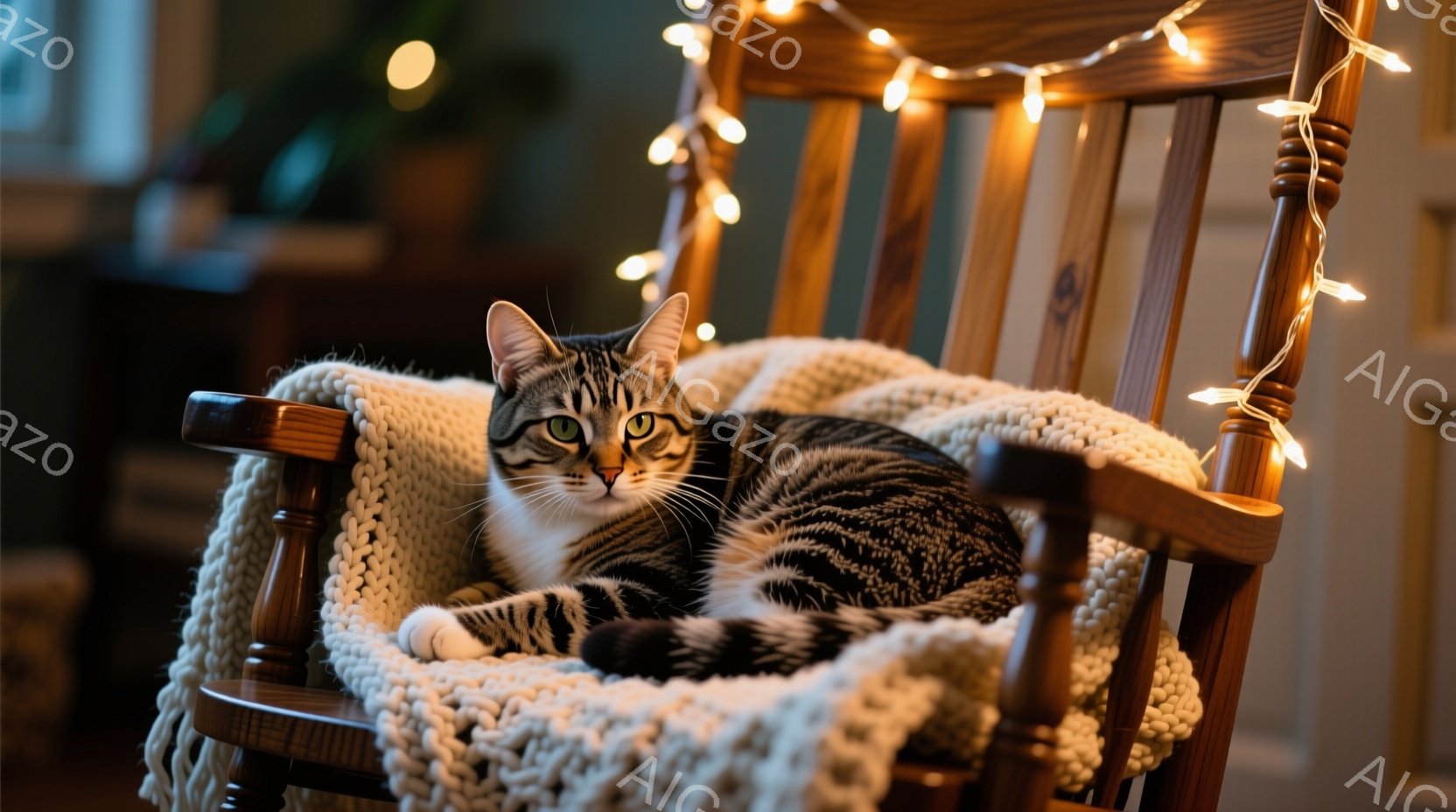 縞模様の猫が、クリーム色のざっくり編まれた毛布の上にロッキングチェアで丸まって横たわっています。猫はリラックスした表情で、少しこちらを見ています。背景は暗く、暖色のフェアリーライトがロッキングチェアの周りを飾り、心地よく落ち着いた雰囲気を作り出しています。