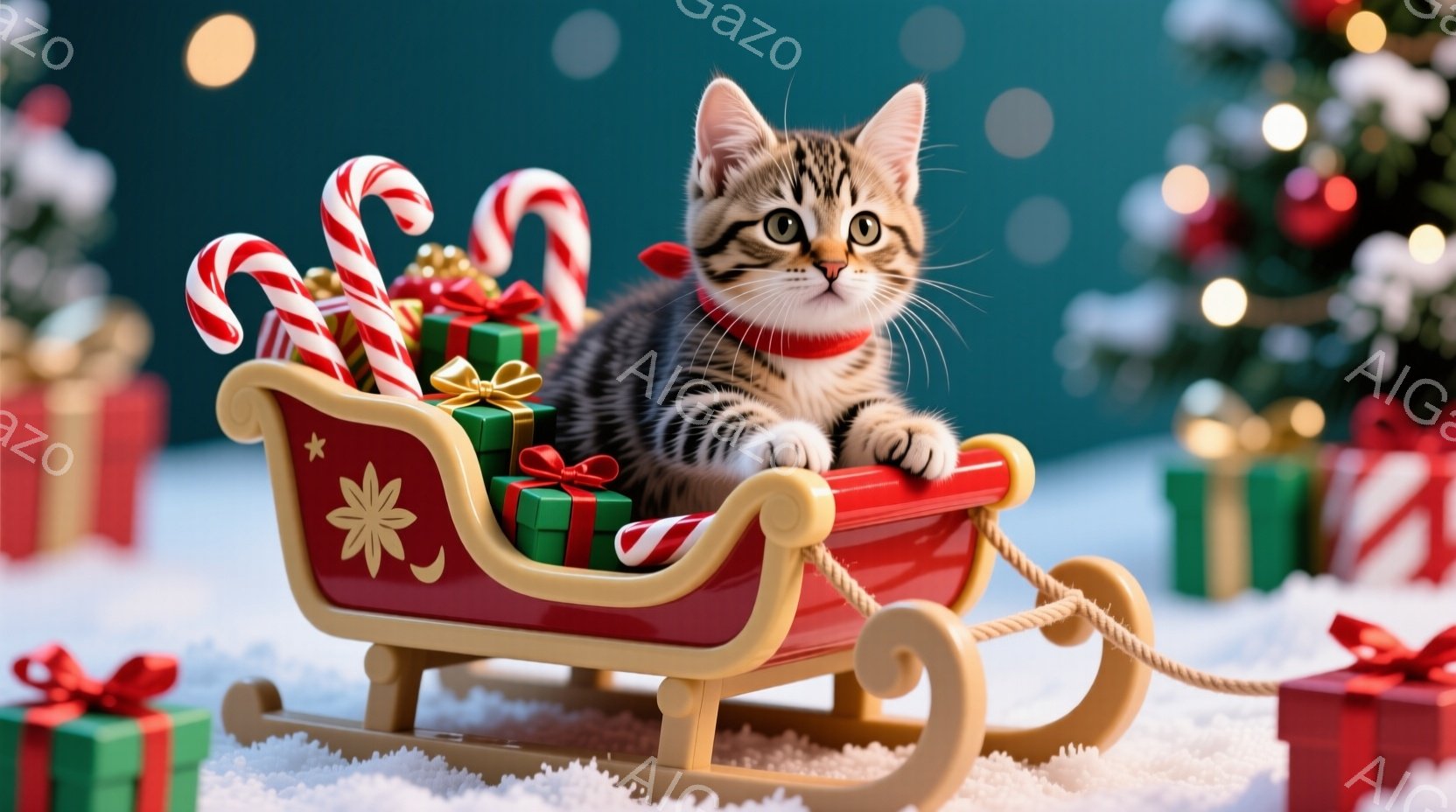 小さなキジトラ猫が赤いそりに座ってこちらを見ています。そりにはプレゼントとペパーミントキャンディが積み重ねられ、猫は赤い首輪をつけています。背景にはぼやけたクリスマスツリーと雪景色があり、全体的に暖かく、お祝いの雰囲気です。