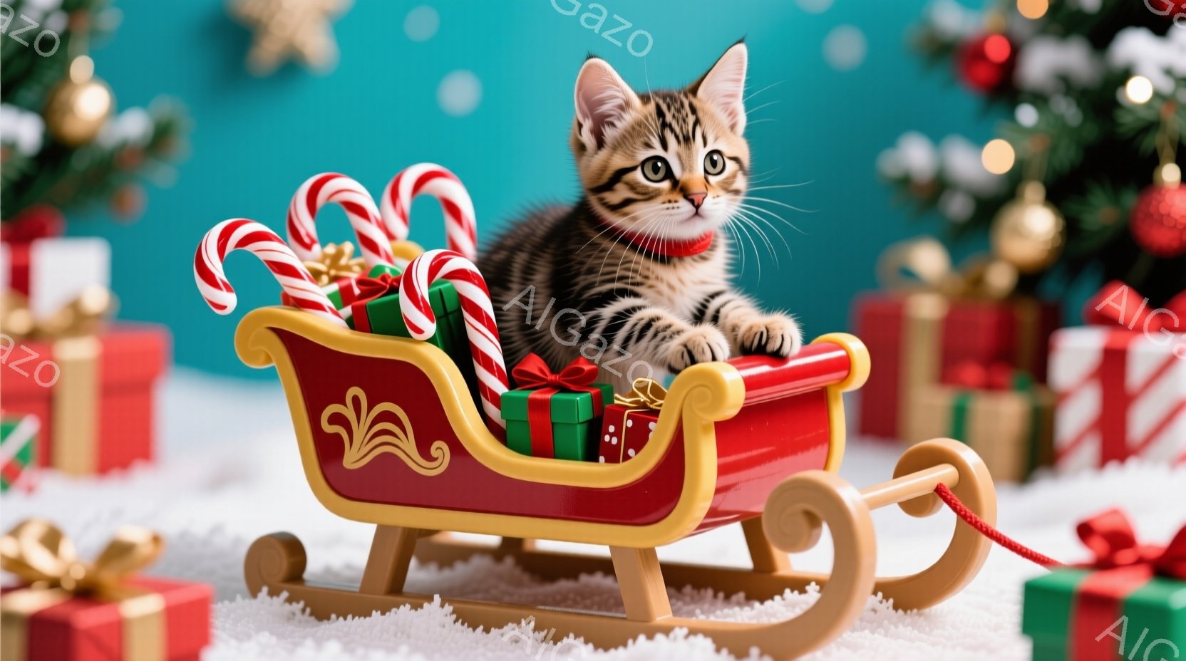 茶色と黒の縞模様の小さな子猫が、赤いそりに乗ってこちらを見ています。そりには、キャンディケーンと緑色のリボンで飾られたプレゼントがいくつか積まれており、背景にはプレゼントの山とクリスマスツリーが見えま - AI生成フリー素材