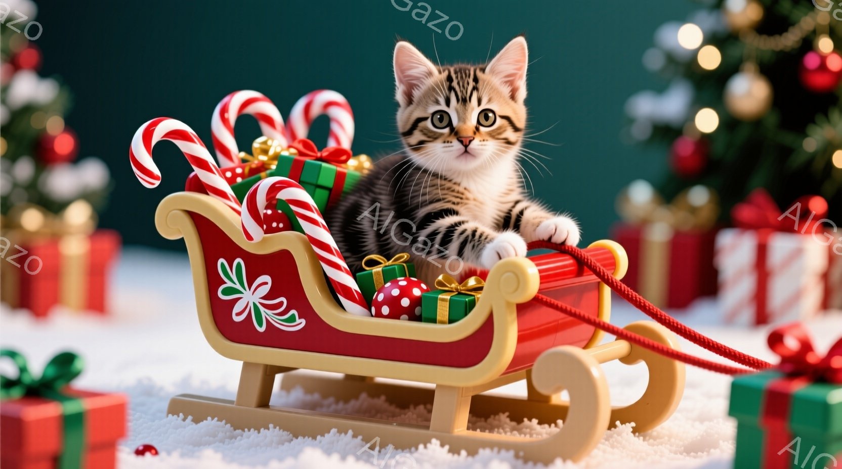 白い雪の上に赤いそりがあり、その中に縞模様の子猫が座っています。子猫は前足をそりの縁につけており、何かを期待しているような可愛らしい表情をしています。背景には緑のクリスマスツリーやプレゼントの箱が散り - AI生成フリー素材