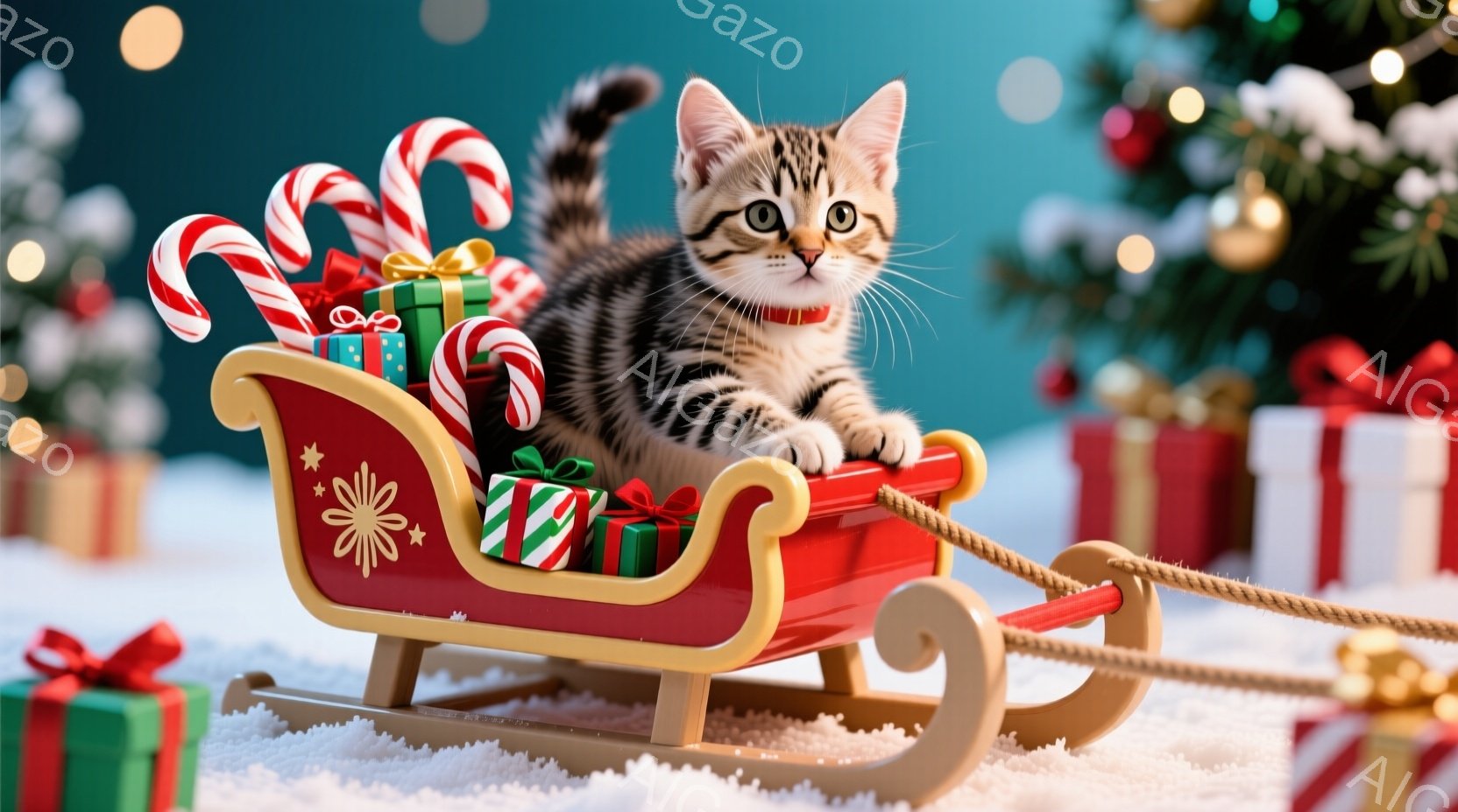 小さなキジトラ猫が赤いそりに座り、プレゼントの山を見下ろしている。猫は丸い目をしており、少し好奇心と遊び心のある表情をしている。背景には、クリスマスツリーやプレゼントの箱が散りばめられた雪景色が広がり - AI生成フリー素材