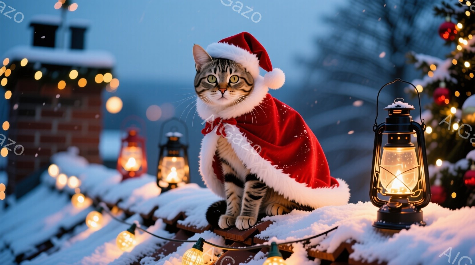 白と茶色の縞模様の猫がサンタクロースの赤い衣装を着て、雪の降る屋根の上で座っています。猫は前方をまっすぐ見つめ、穏やかな表情を浮かべています。背景には、点灯したイルミネーション、雪で覆われた建物、そし - AI生成フリー素材