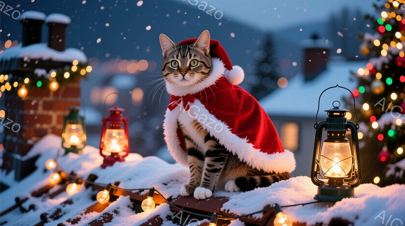白い雪の上に座った縞模様の猫が、サンタクロースの帽子と赤いマントを身に着けています。背景には、点灯したクリスマスライトで飾られた屋根、煙突、そしてぼやけた冬の風景が広がっており、暖かく幻想的な雰囲気を - AI生成フリー素材