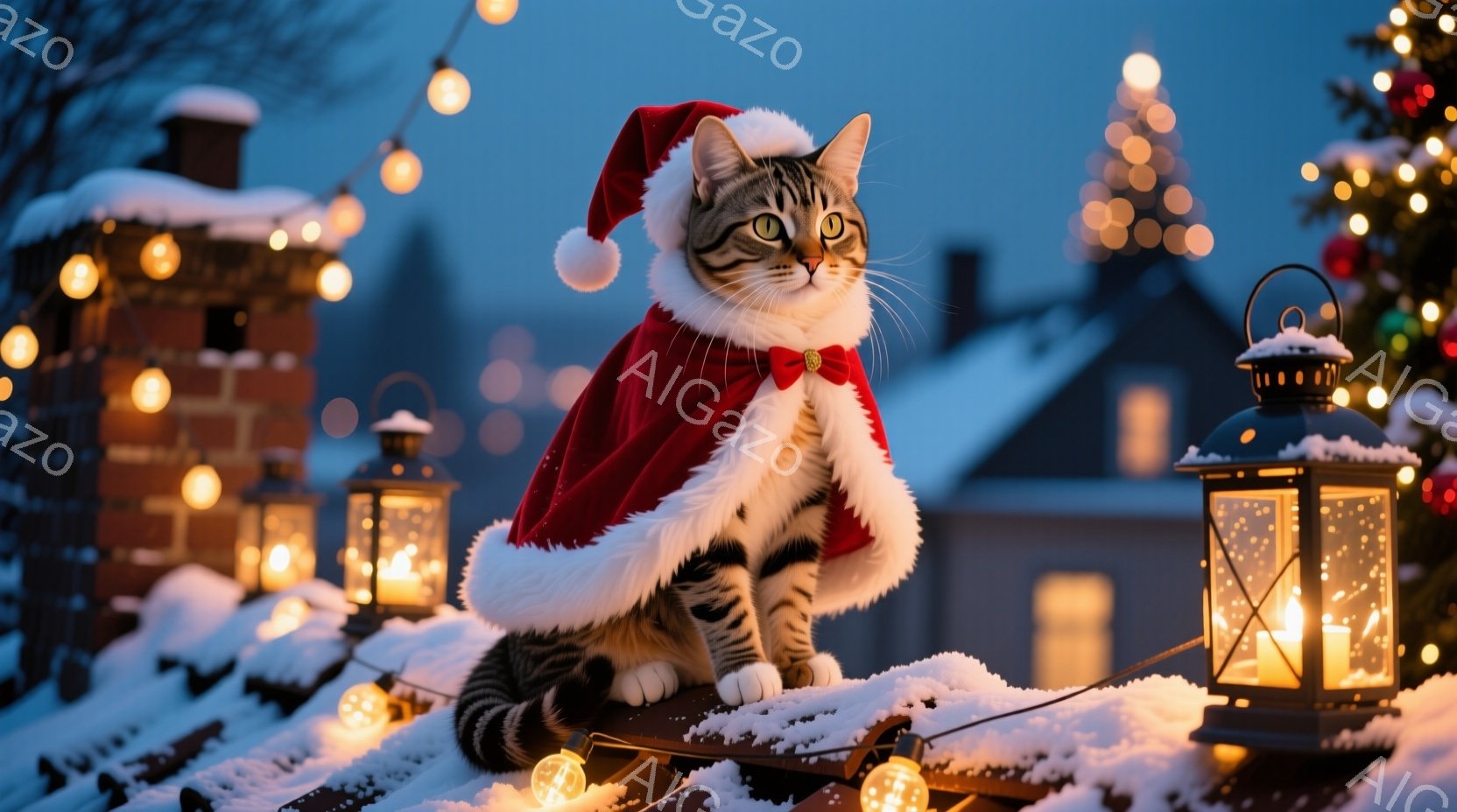 縞模様の猫がサンタクロースの帽子と赤いマントを身につけて雪の上に座っています。その表情は穏やかで、どこか自信に満ちており、背景にはイルミネーションが輝く建物とクリスマスツリーが見えます。雪景色と温かい - AI生成フリー素材