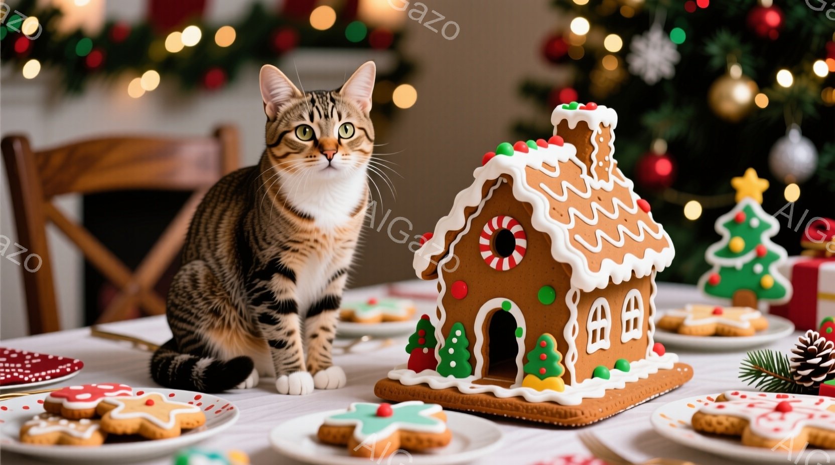 白いテーブルの上に、美しい模様の猫がまっすぐ座っています。テーブルには、ジンジャーブレッドハウスやクリスマスツリーの形をしたクッキーが散りばめられ、クリスマスの温かい雰囲気を醸し出しています。背景には - AI生成フリー素材