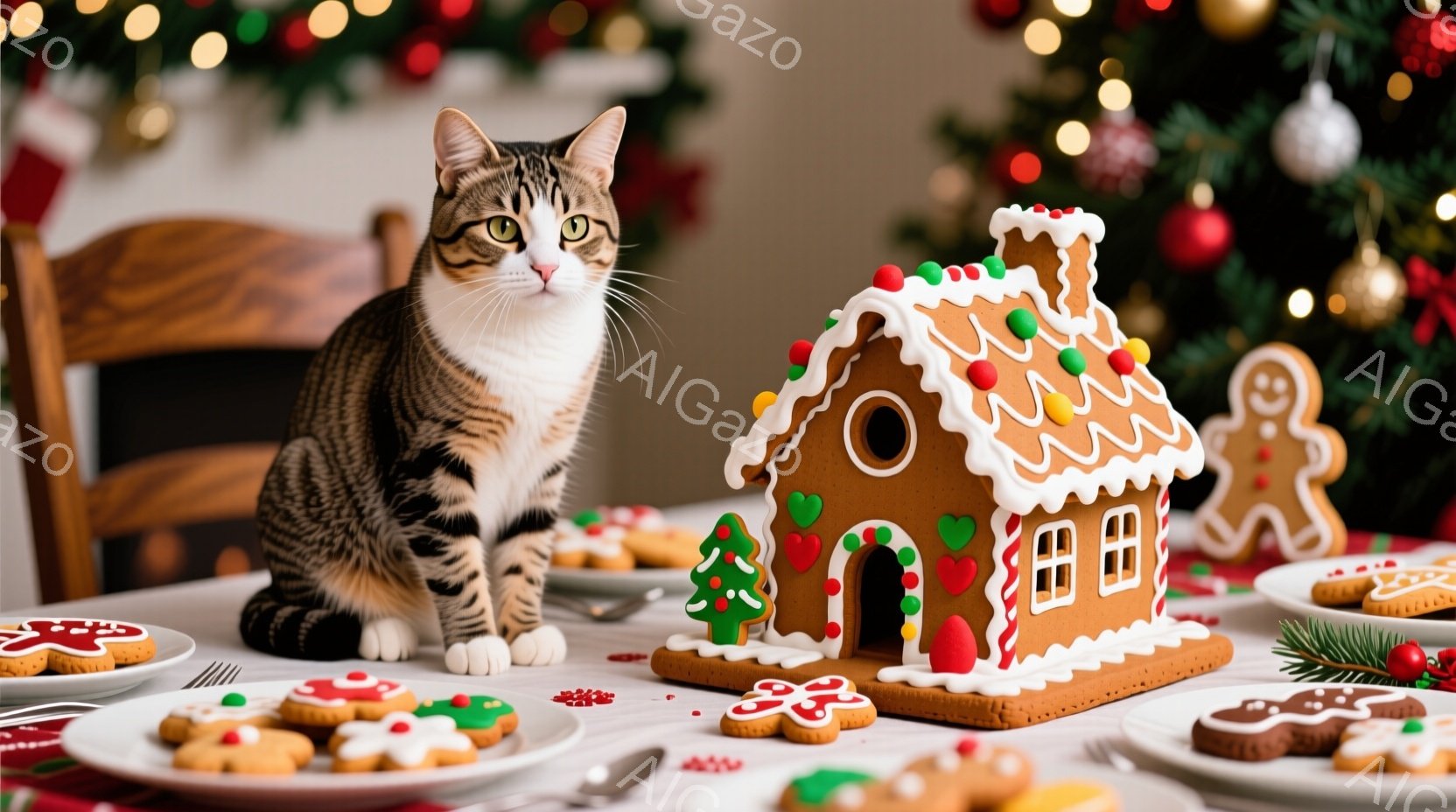 白と茶色の縞模様の猫が、クリスマスのジンジャーブレッドハウスとクッキーが並んだテーブルの上に座っています。背景には、ぼやけたクリスマスツリーの飾りが見え、全体的に温かく、お祝いの雰囲気を醸し出しています。猫は落ち着いており、まるでクリスマスのお菓子を見守っているかのようです。