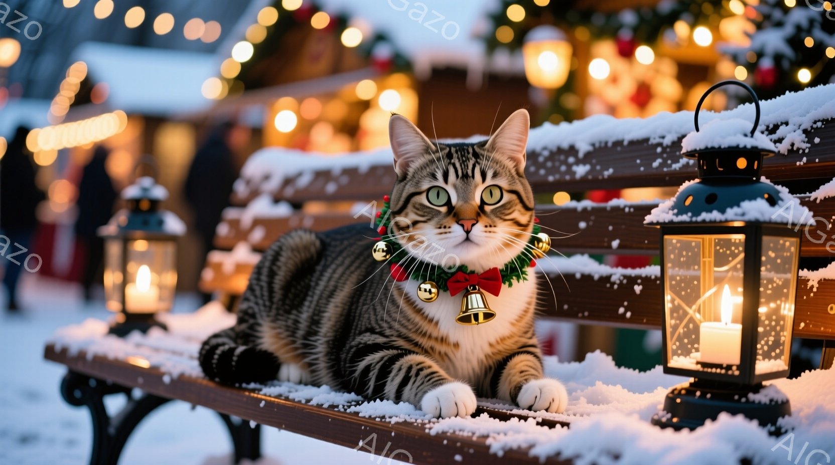 縞模様の猫が雪の積もったベンチに横たわっており、赤いリボンと鈴の付いた首輪をしています。背景にはクリスマスの飾り付けがされた建物や木々が見え、雪が静かに降り積もっています。暖色系の明かりが灯り、穏やか - AI生成フリー素材