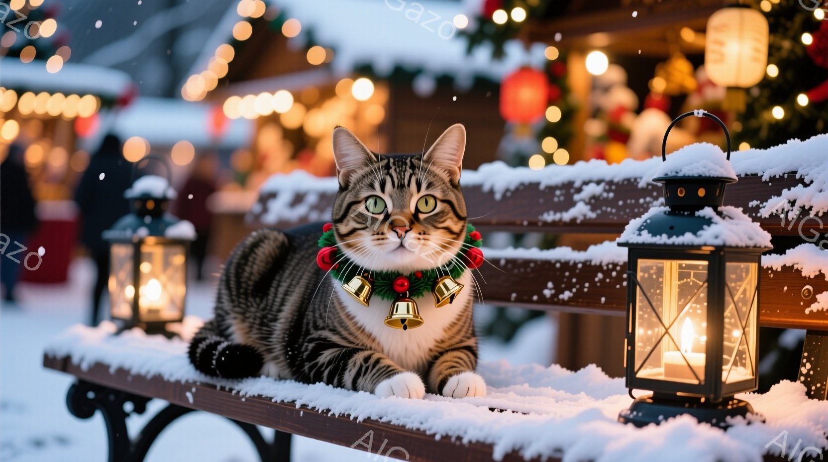 縞模様の猫が雪に覆われたベンチに横たわっており、赤い花輪と金色の鈴の首輪をつけている。背景にはクリスマスマーケットのような賑やかな光景が広がり、ぼやけた人物や装飾が見える。雪が舞い、温かい光が灯された - AI生成フリー素材