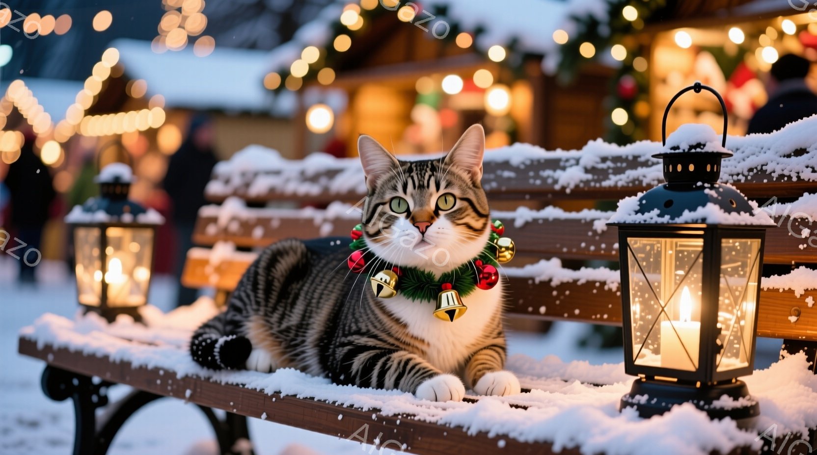 縞模様の猫が雪に覆われた木製のベンチに横たわっており、首にはベルと赤いリボンがついたクリスマスカラーの首輪が巻かれています。背景には、ぼやけたクリスマスマーケットの賑わいと、点灯されたランタンが散りば - AI生成フリー素材