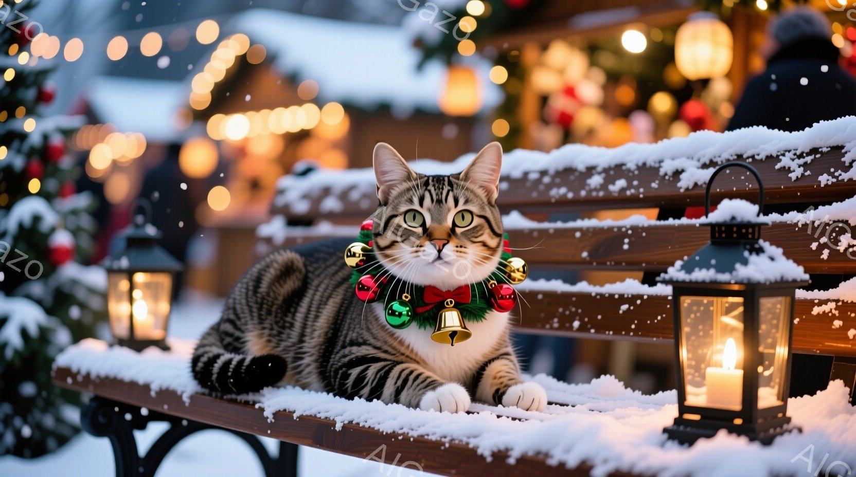 縞模様の猫が雪の積もったベンチに横たわっており、首にはクリスマスを象徴するベルとリボンがついた首輪が巻かれています。背景にはぼやけたクリスマスツリーや灯りが灯ったランタンが見え、雪が舞う冬の夜の穏やかで暖かい雰囲気が漂っています。猫はリラックスした表情で、穏やかな光の中で静かにくつろいでいます。