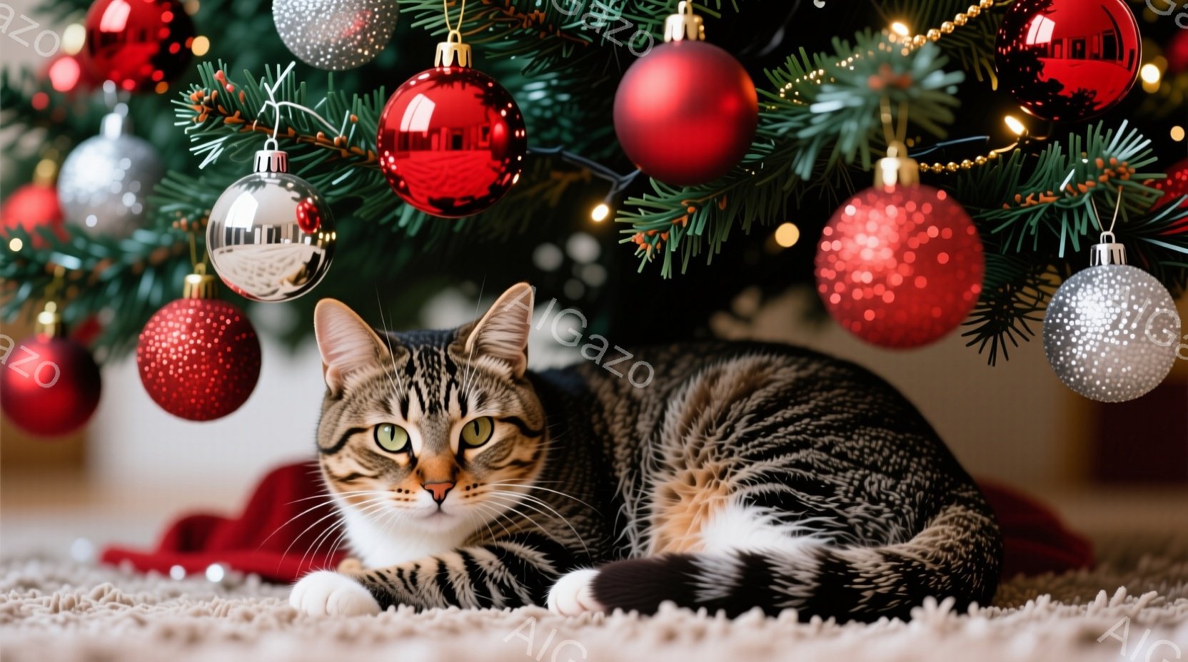 白と黒の縞模様の猫が、赤い敷物の上に横たわっています。背景にはクリスマスツリーがあり、様々な色のオーナメントが飾られています。猫はリラックスした様子で、わずかにカメラ目線で、穏やかな雰囲気が漂っていま - AI生成フリー素材