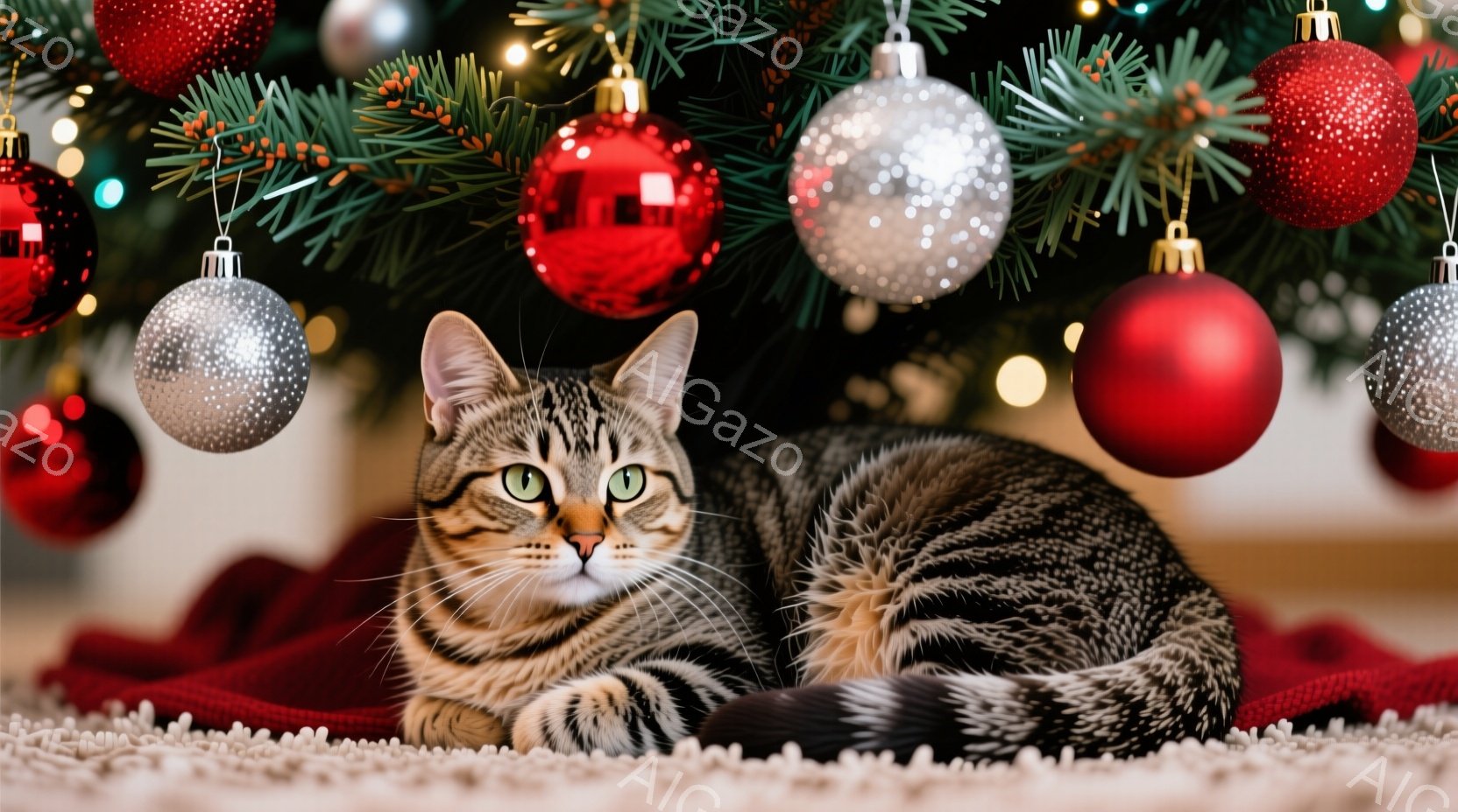 縞模様の猫が赤い毛布の上でリラックスして横たわっています。背景には、赤と銀のオーナメントで飾られたクリスマスツリーがあり、暖かくお祝いの雰囲気を醸し出しています。猫は緑色の目でカメラを見つめ、穏やかで - AI生成フリー素材