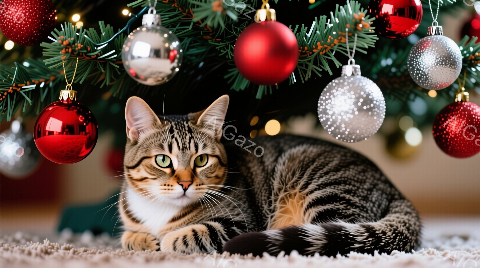 白と黒の縞模様の猫が、クリスマスの飾り付けられたツリーの下で横たわっています。猫は前足を揃えて体を丸め、リラックスした表情でカメラを見つめています。背景には緑のツリーと赤いクリスマスオーナメントが散り - AI生成フリー素材