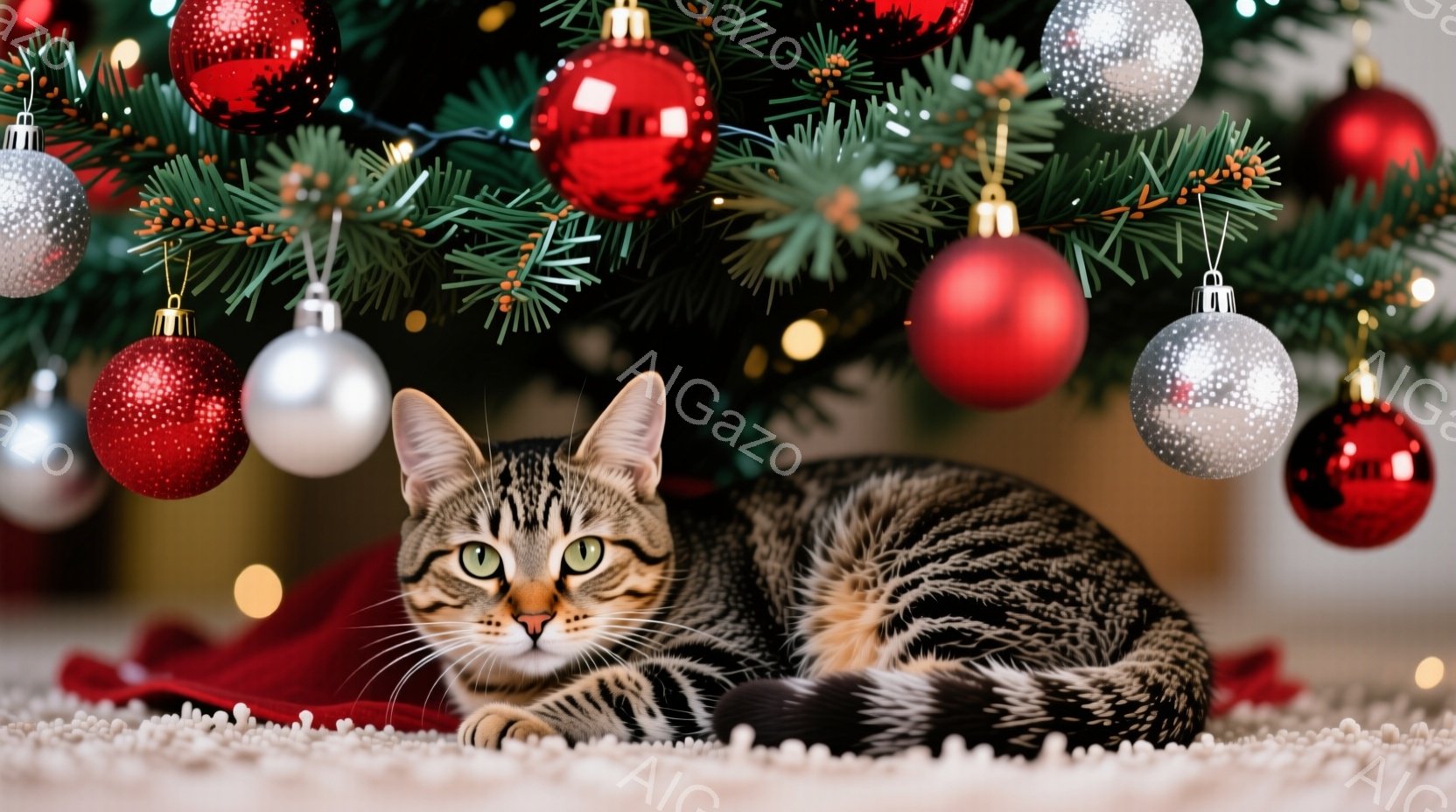 縞模様の猫が、赤い布とクリスマスツリーの装飾の下で丸まって横たわっています。猫は緑色の目をしており、リラックスした表情で正面を見ています。背景には、赤と銀のオーナメントで飾られたクリスマスツリーがあり - AI生成フリー素材
