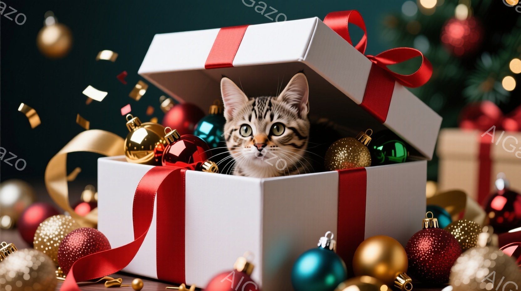 白いギフトボックスの中から、縞模様の可愛らしい子猫が顔を出しています。周囲には赤、金、銀のクリスマスオーナメントが散りばめられており、緑色のクリスマスツリーが背景に見えます。全体的に暖かく、遊び心のある、お祝いの雰囲気が漂っています。