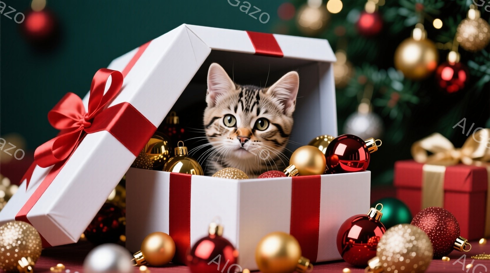 白いギフトボックスの中に、縞模様の小さな子猫が顔を出しています。箱の中には金色のオーナメントが散りばめられており、背景にはクリスマスツリーと他の装飾がぼやけて見えます。この光景は、暖かく、遊び心に満ち - AI生成フリー素材