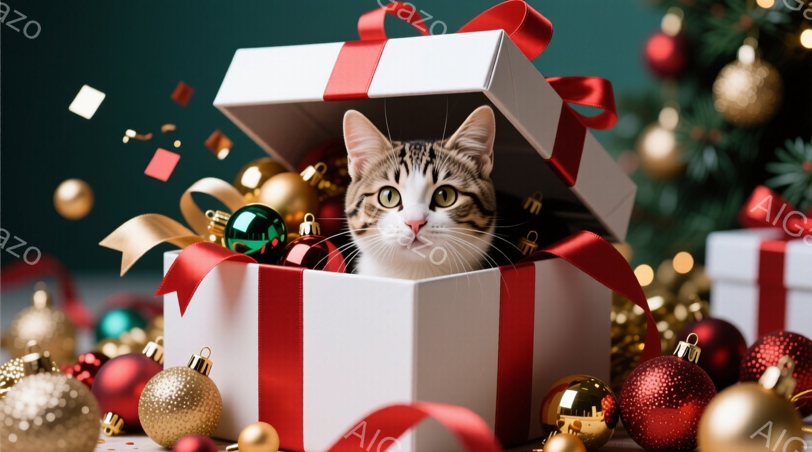 白いギフトボックスの中に、縞模様の猫が顔を覗かせています。猫は好奇心旺盛そうな表情で、まっすぐカメラを見ています。背景には、金や赤のクリスマスオーナメントが散りばめられ、緑色のクリスマスツリーがぼんや - AI生成フリー素材