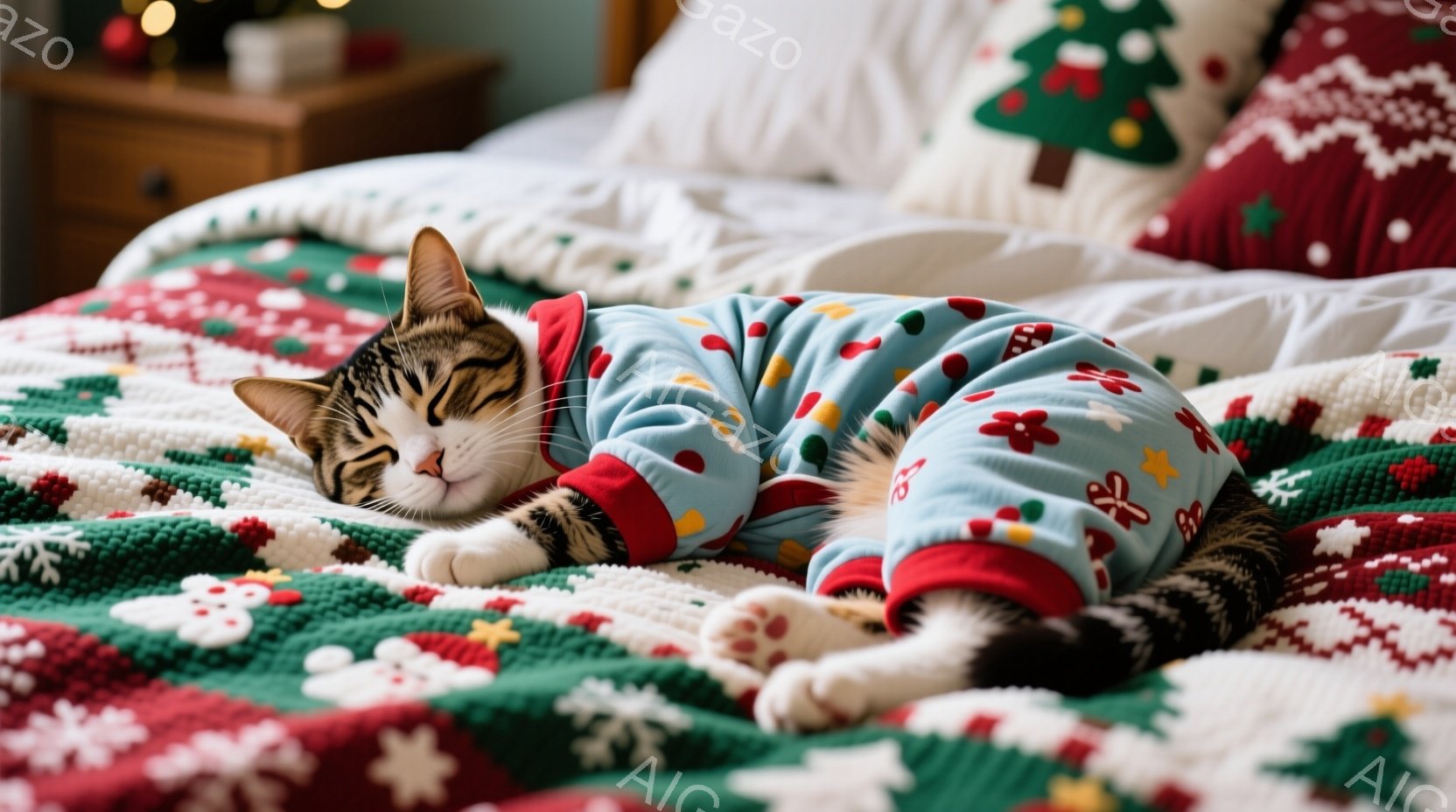 縞模様の猫が水色の花柄パジャマを着て、赤い縁取りのベッドに横たわっています。猫は目を閉じてリラックスした表情をしており、足には白い靴下のような模様があります。背景には、クリスマスツリーの模様が施された - AI生成フリー素材