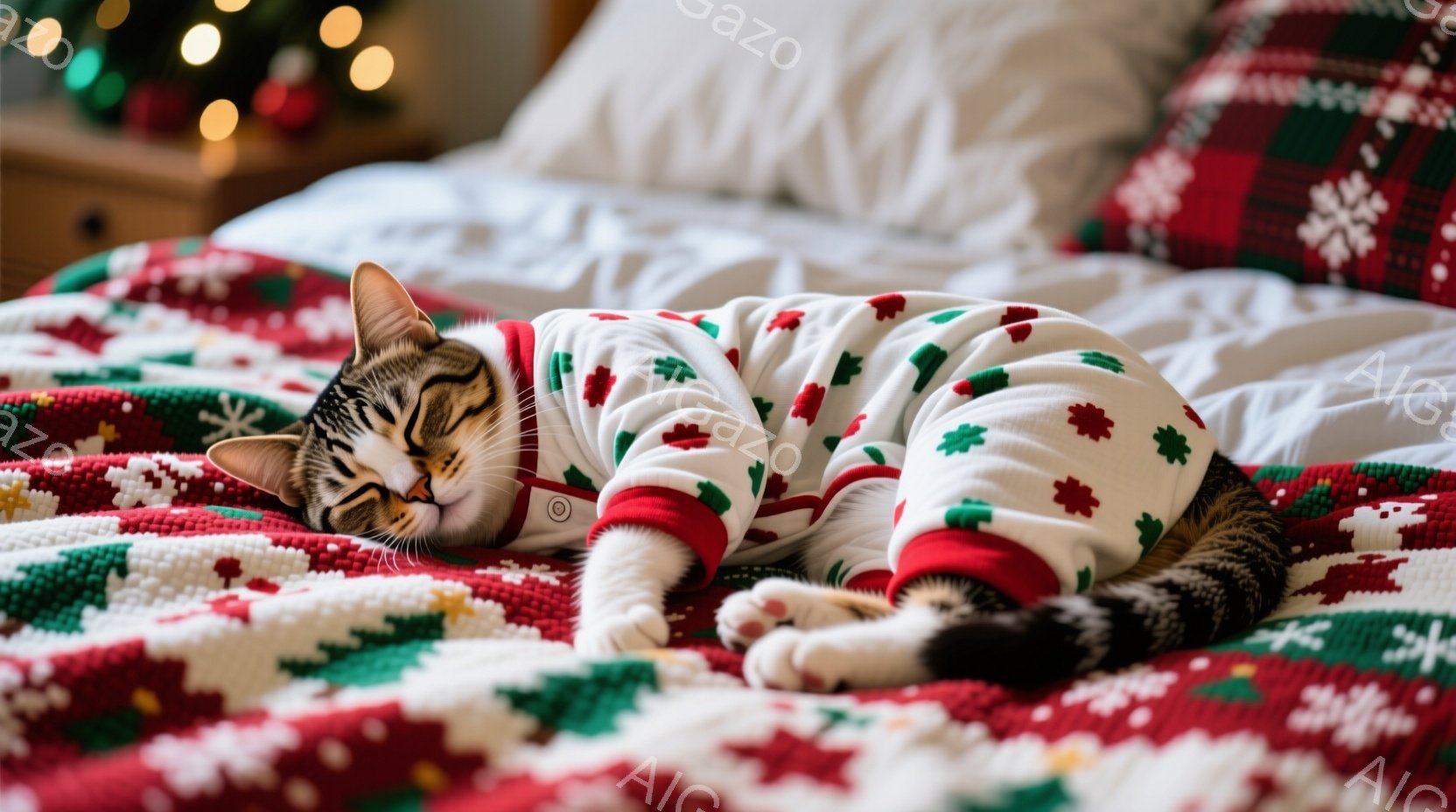 白地に赤い模様のパジャマを着た猫が、ベッドの上で横たわっています。猫は目を閉じ、リラックスした表情で、穏やかな眠りについているようです。背景には、赤いクリスマス柄のベッドシーツと、ぼんやりと見える家具 - AI生成フリー素材