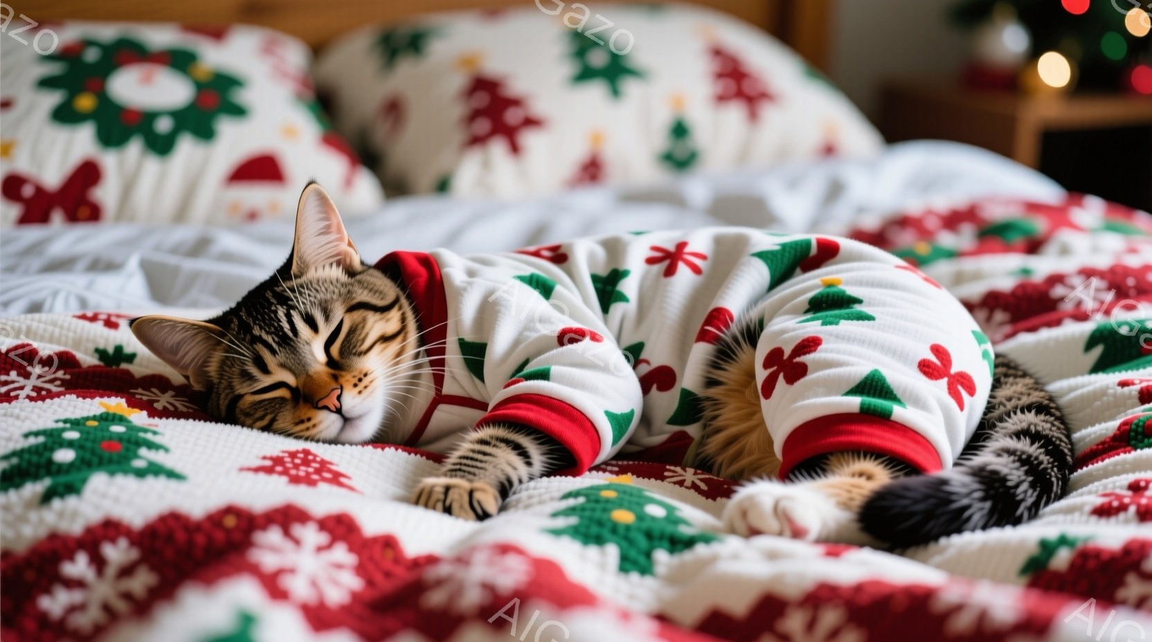 茶色の縞模様の猫が、クリスマスの柄が入った白いパジャマを着てベッドの上で丸まって眠っています。パジャマは赤い縁取りとクリスマスのオーナメントのデザインで、猫の縞模様とコントラストをなしています。背景に - AI生成フリー素材