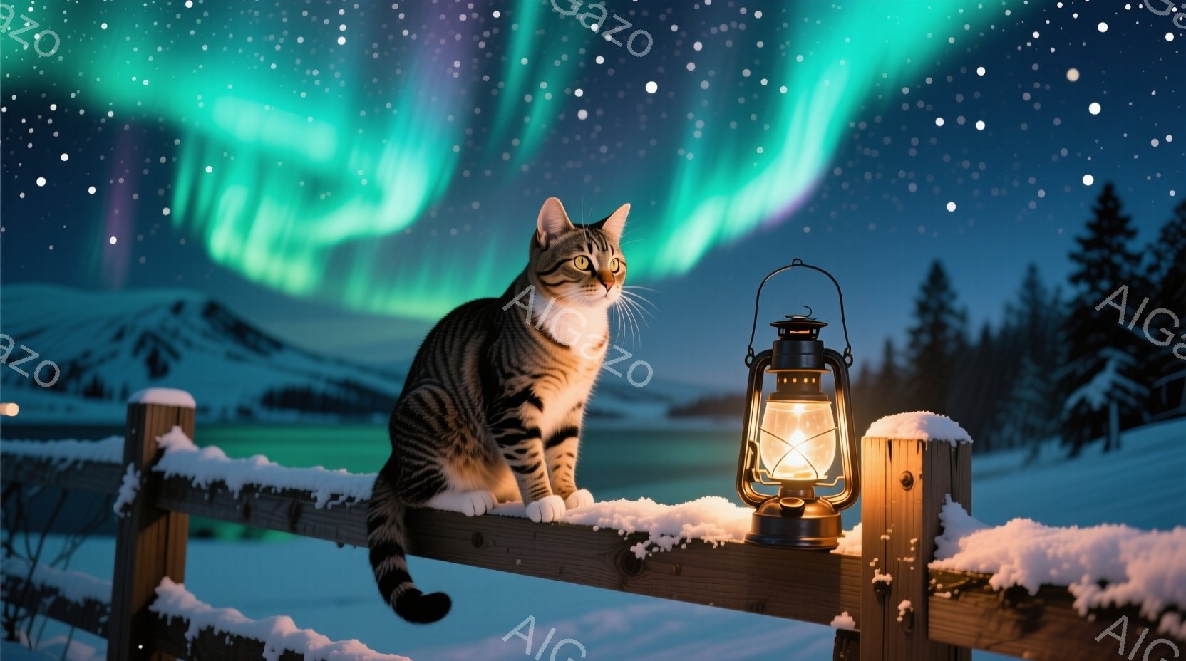 雪に覆われた木製の柵の上に、縞模様の猫が座って遠くを見つめている。背景には暗い森が広がり、空にはオーロラが幻想的に輝いている。灯りが点けられたランタンが柵に置かれ、猫の周りを暖かく照らし、静かで神秘的 - AI生成フリー素材