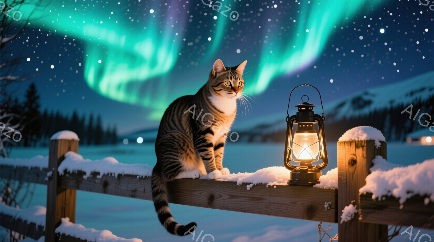 白い雪に覆われた木製の柵の上に、縞模様の猫が座って遠くを見つめている。背景には、緑と紫のオーロラが広がり、遠くには暗い木々が見える。暖かく光るランタンが柵のそばに置かれ、静かで幻想的な冬の夜の雰囲気を - AI生成フリー素材