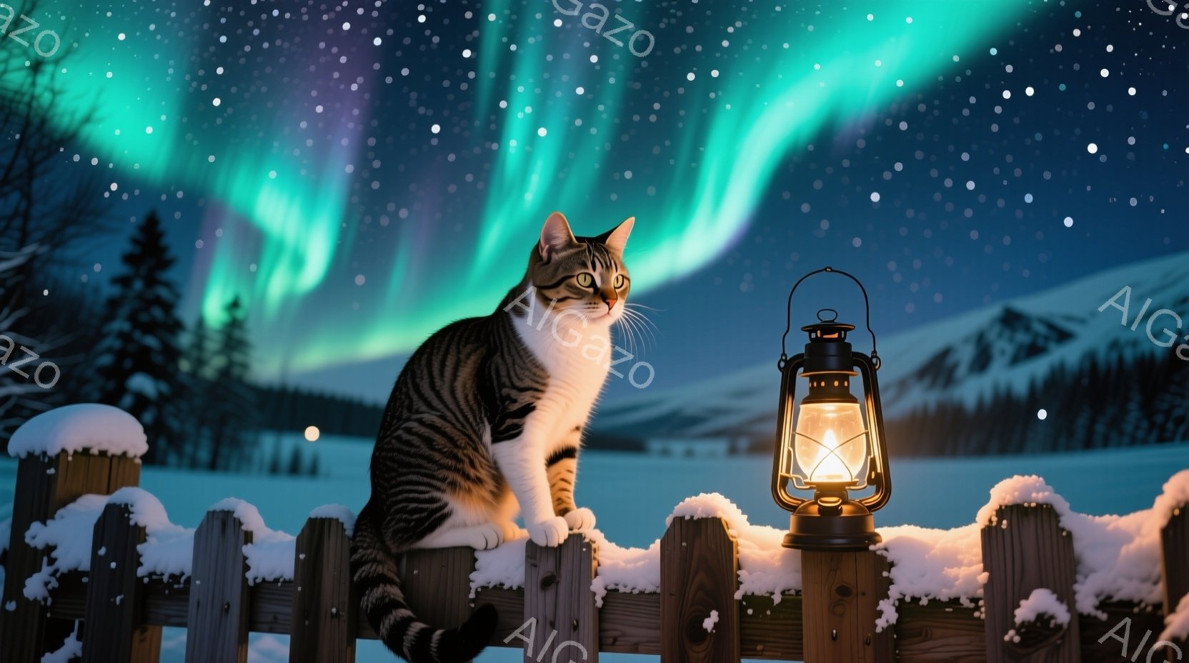 白と茶色の縞模様の猫が雪に覆われた木の柵の上に座り、遠くを見つめています。背景には、緑と紫のオーロラが輝く夜空が広がり、遠くに雪に覆われた山々が見えます。暖かく幻想的な雰囲気を醸し出しており、雪と光が - AI生成フリー素材