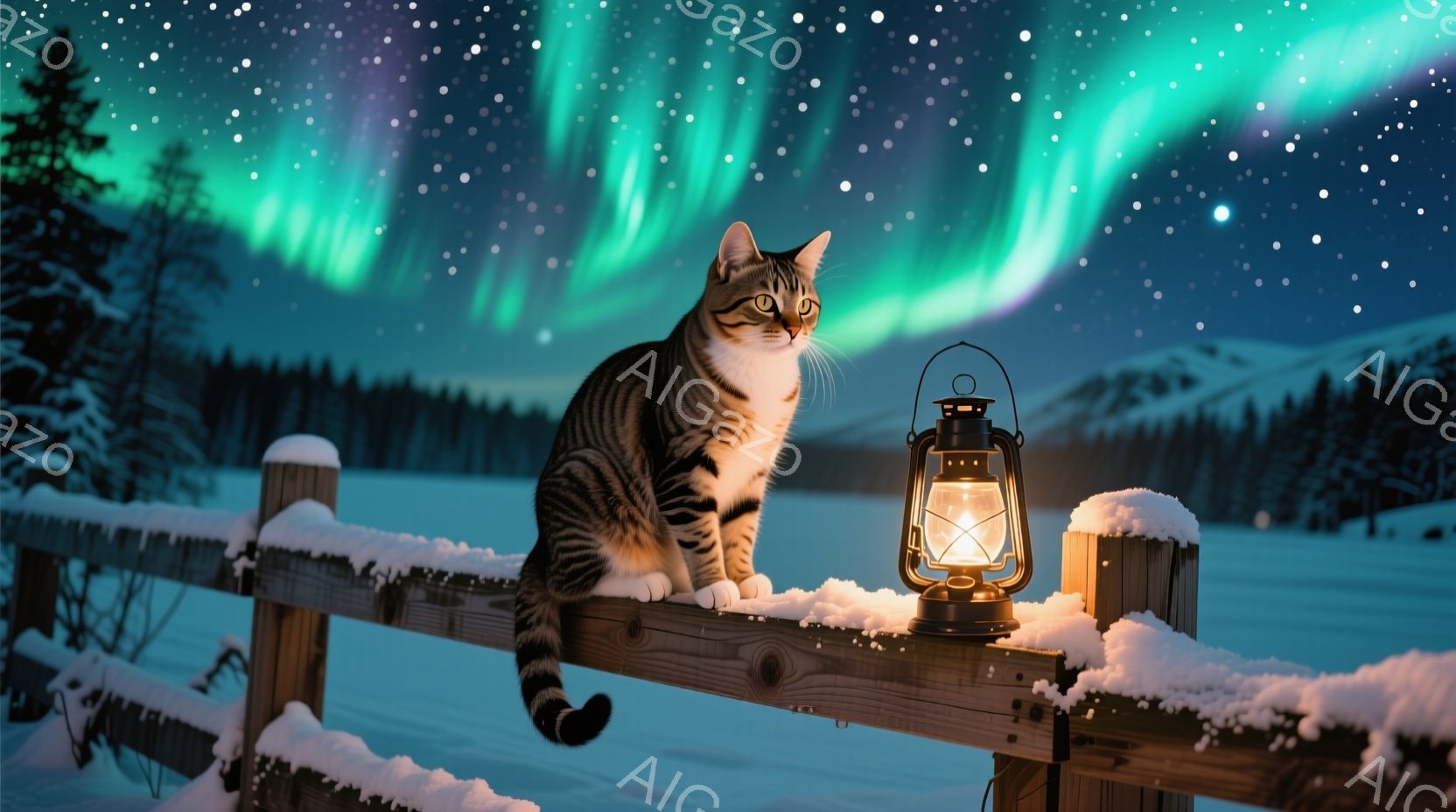 雪に覆われた柵の上に、縞模様の猫が優雅に座っています。猫は前方をまっすぐ見つめ、静かで落ち着いた表情をしています。背景には暗い森と、オーロラが輝く夜空が広がり、幻想的な冬の風景を作り出しています。 - AI生成フリー素材