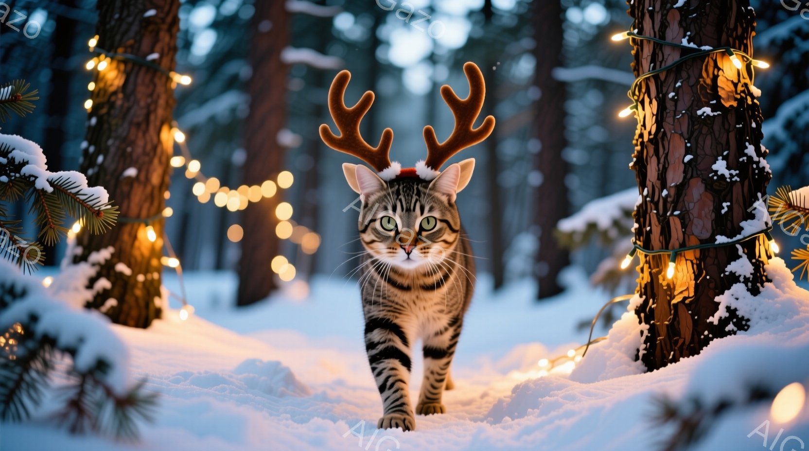 縞模様の猫が、頭にトナカイの角をつけて雪の中をまっすぐ歩いてくる。背景には雪に覆われた木々と、暖かみのある電飾が輝き、冬の森の静けさとほのぼのとした雰囲気が漂っている。猫は前を見据え、少し真剣な表情で - AI生成フリー素材
