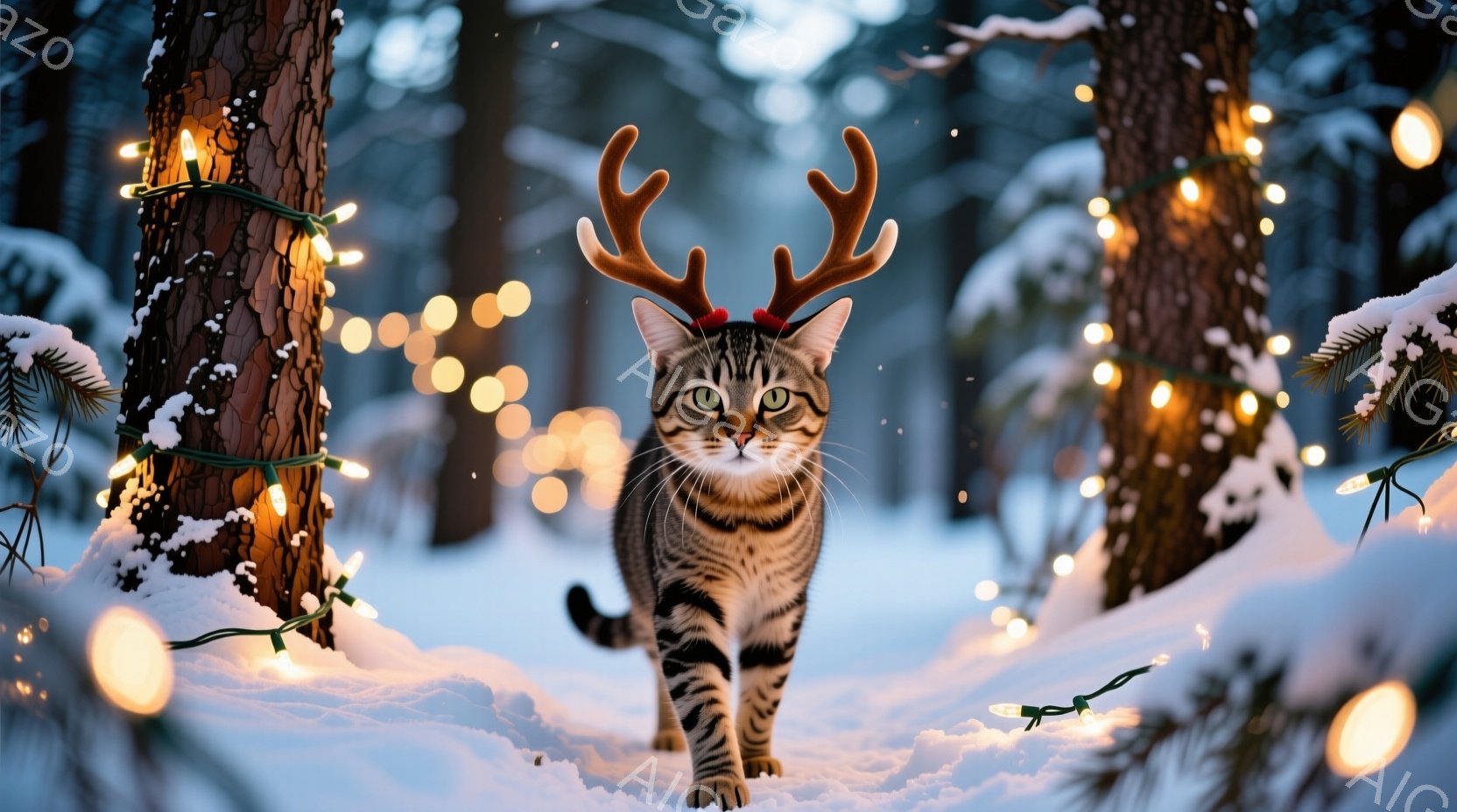 縞模様の猫が雪景色の中で正面を向いて歩いており、頭には小さな角の飾りをつけている。背景には雪に覆われた木々が立ち並び、暖かい光のイルミネーションが幻想的な雰囲気を醸し出している。全体的に、冬の温かさと - AI生成フリー素材