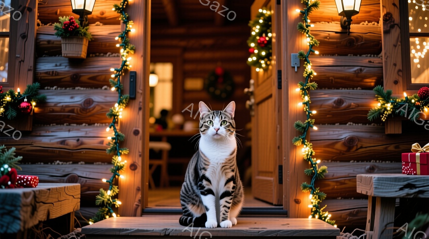 白と灰色の縞模様の猫が、クリスマスデコレーションで飾られた家の玄関で座っています。家の壁は木製で、緑のガーランドとキラキラ光るライトで飾られており、クリスマスの雰囲気です。家の外は暗く、暖かく居心地の良い光が猫を照らしています。