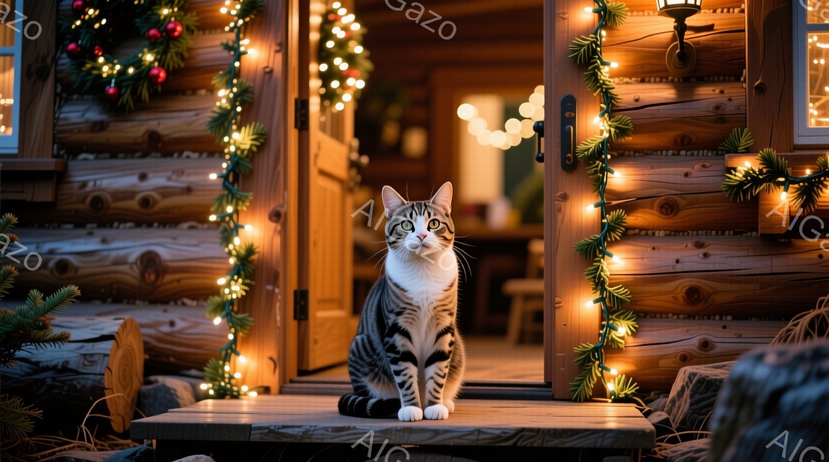 白と灰色の縞模様の猫が、クリスマスの飾り付けがされた木の家のステップに座って正面を見つめています。背景には、緑のガーランドと温かい光のイルミネーションで飾られた木製のドアがあり、家の周りには小さな針葉樹があります。全体的に暖かく、お祝いムードにあふれた冬の光景です。
