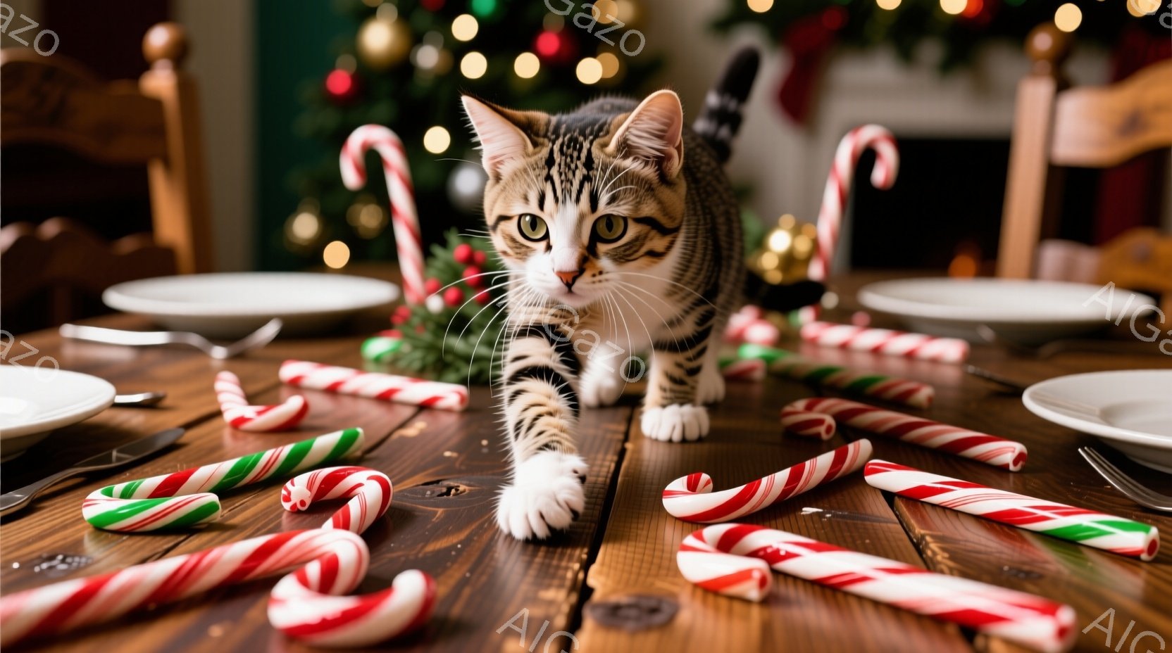 白と茶色の縞模様の猫が、クリスマスらしいテーブルの上を歩いています。テーブルにはキャンディケーンが散らばっており、背景にはぼやけたクリスマスツリーが見えます。温かく、お祝いムードの漂う、幸せな光景です - AI生成フリー素材
