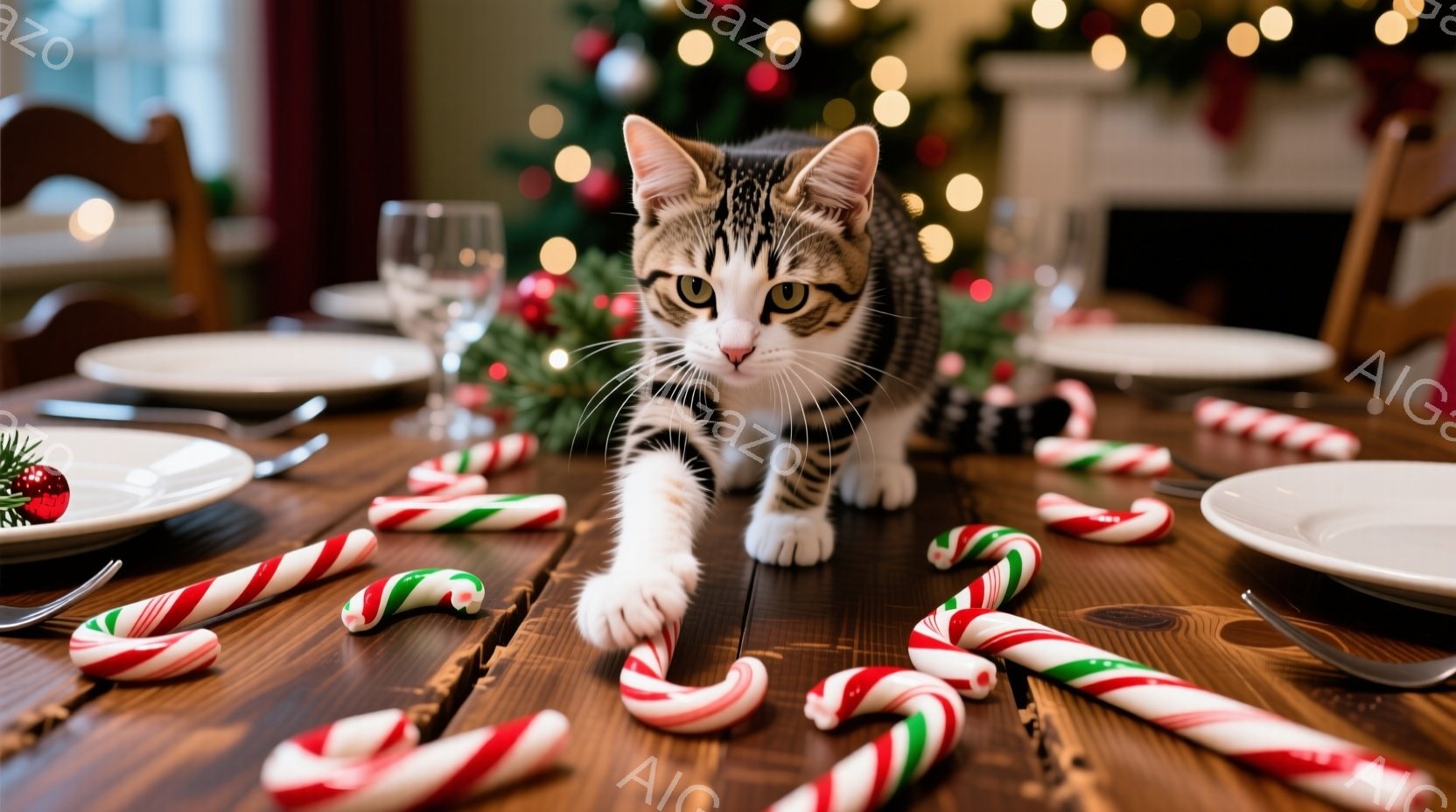 茶色の木製のテーブルの上に、キャンディケーンが散らばり、白と茶色の縞模様の猫が前足を伸ばして遊び半分にキャンディケーンに触れようとしています。背景にはクリスマスツリーのぼんやりとした光があり、暖かく、 - AI生成フリー素材