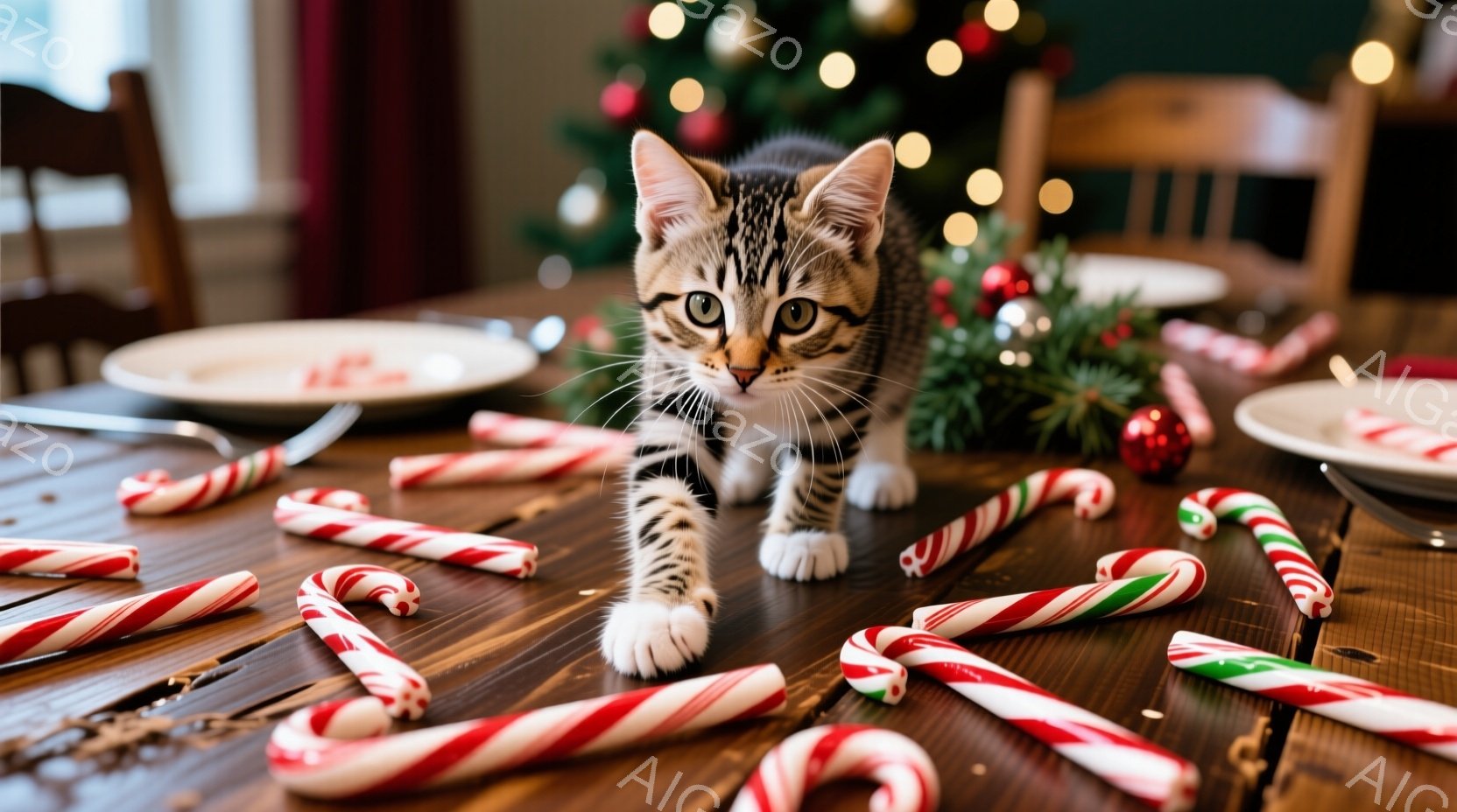 テーブルの上には、赤と白のキャンディケーンが散らばっており、その中に縞模様の小さな子猫が歩いて行っています。子猫は前足を前に出し、好奇心と遊び心に満ちた表情で、丸い瞳でこちらを見つめています。背景には、ぼやけたクリスマスツリーと装飾が見え、温かく、お祝いムードに満ちた雰囲気です。